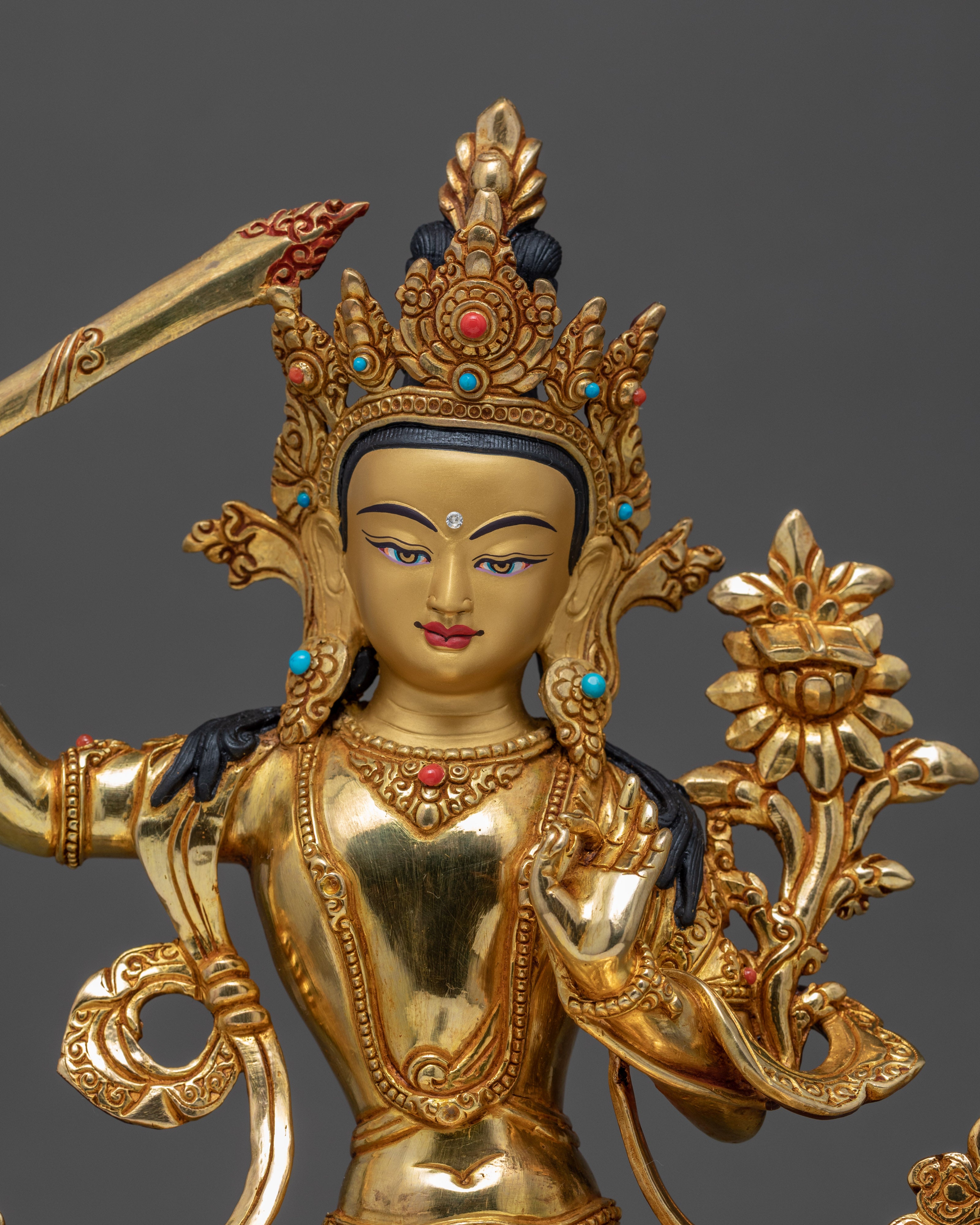 Manjushri Gold Statue | Bodhisattva Wisdom Deity in Buddhism