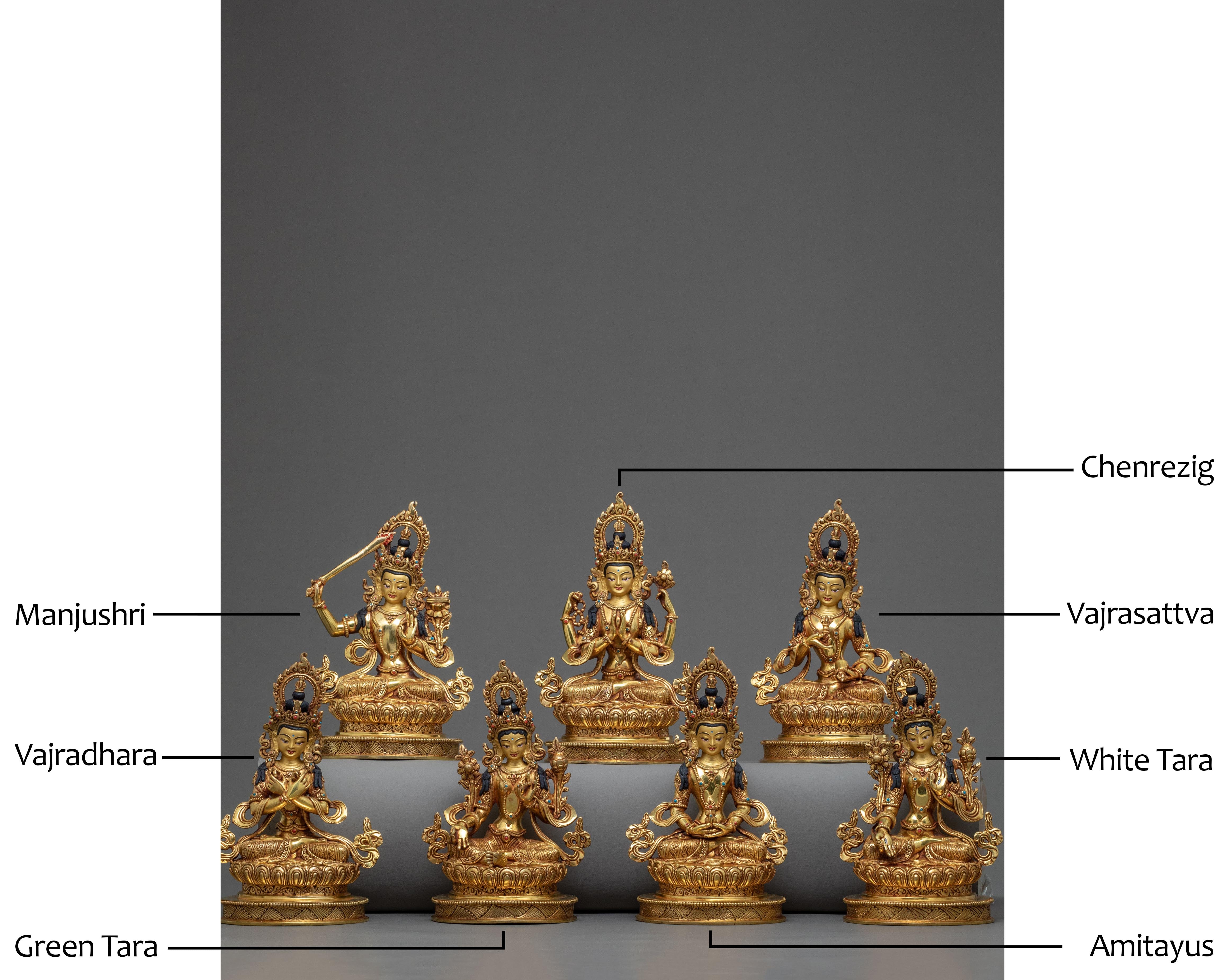 Bodhisattva Statue Set | Amitayus | Green Tara | White Tara | Vajrasattva | Vajradhara | Chenrezig