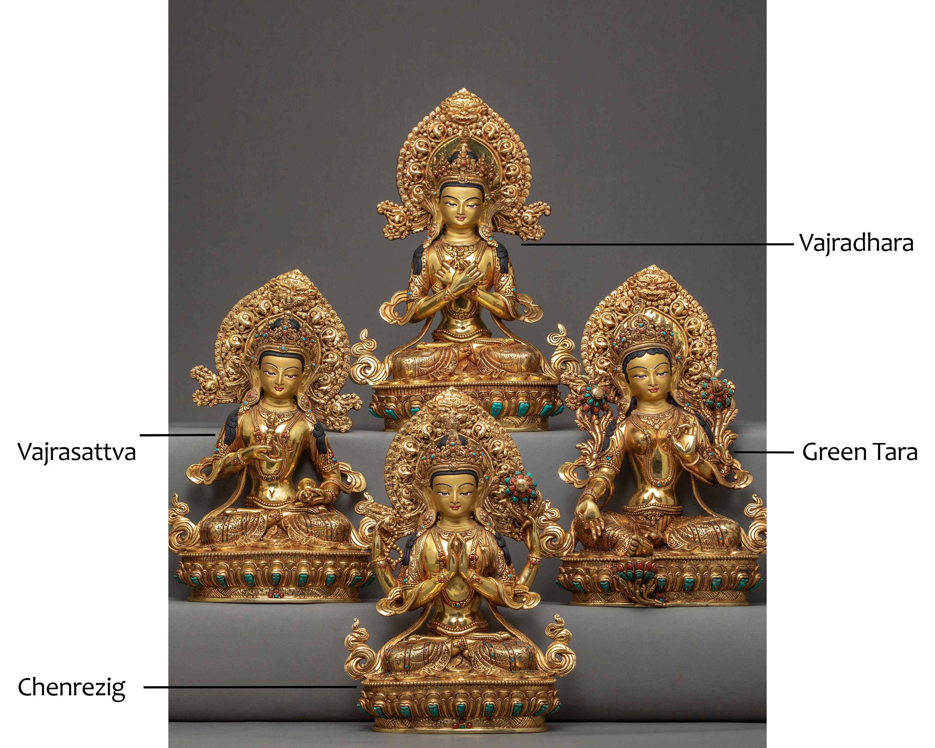 Green Tara With Bodhisattva Statue Set | Vajradhara | Vajrasattva | Chenrezig