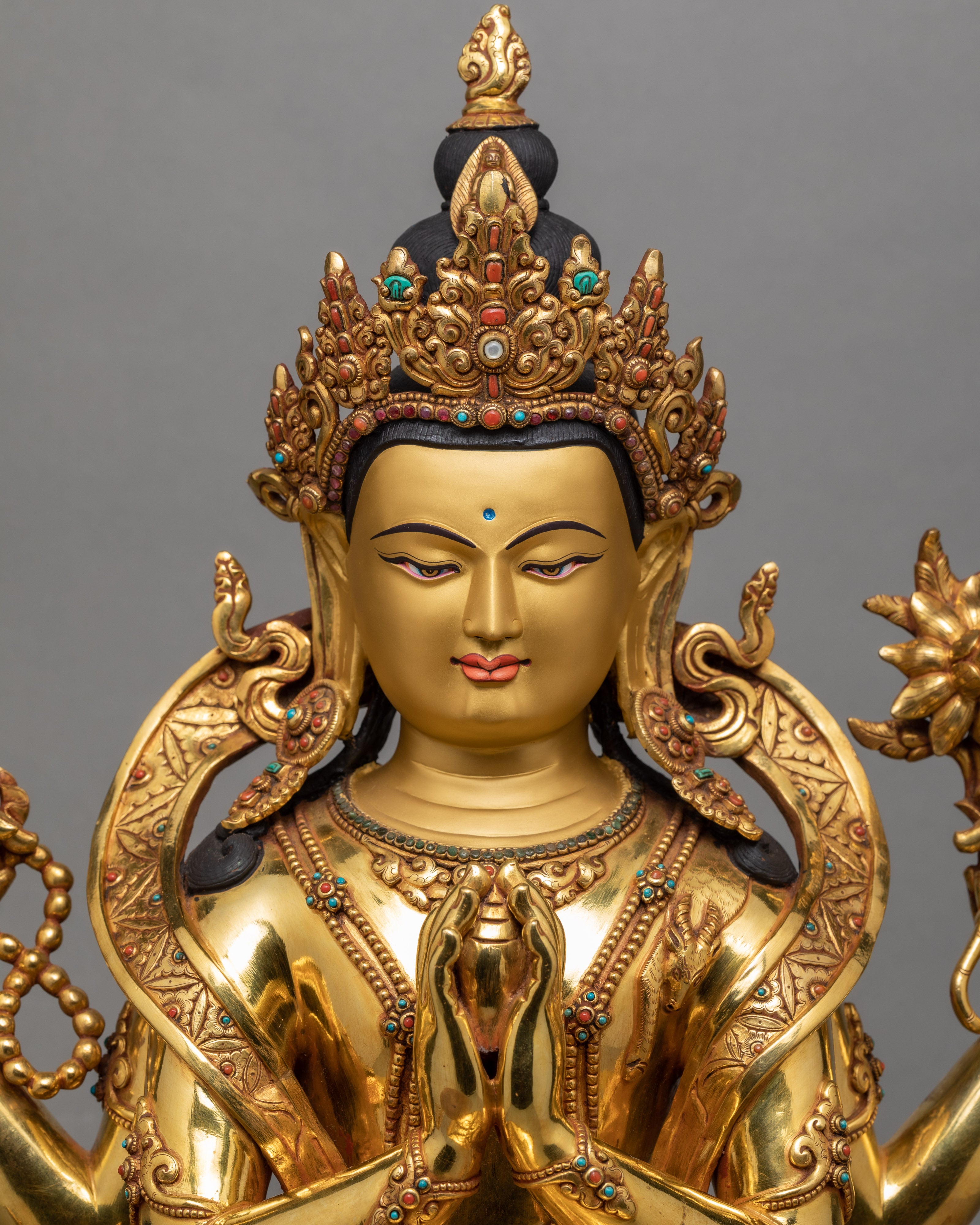 Four-armed Chenrezig Statue | Traditionally Gold Plated Bodhisattva Statue | Himalayan Sculpture