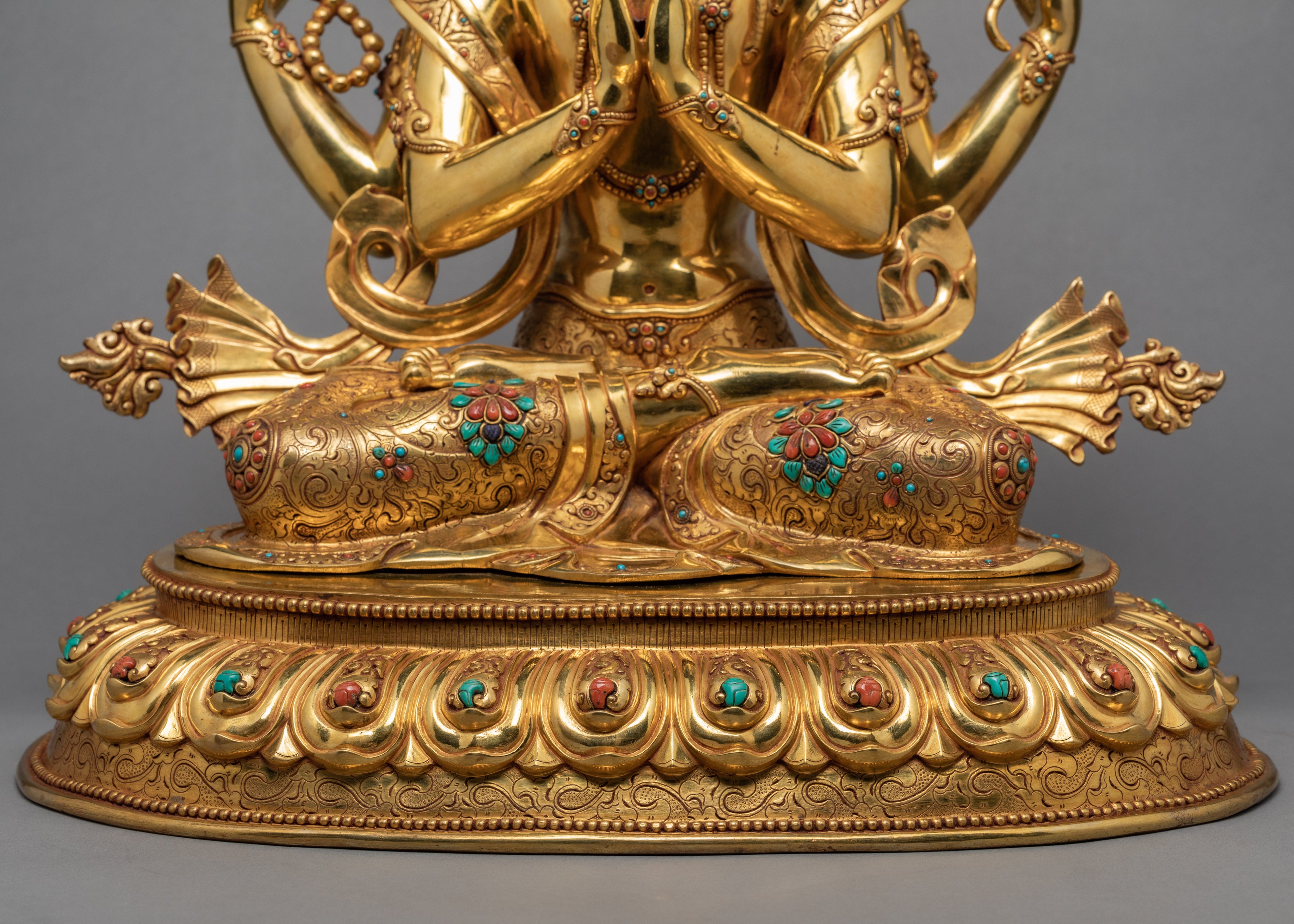 Four-armed Chenrezig Statue | Traditionally Gold Plated Bodhisattva Statue | Himalayan Sculpture