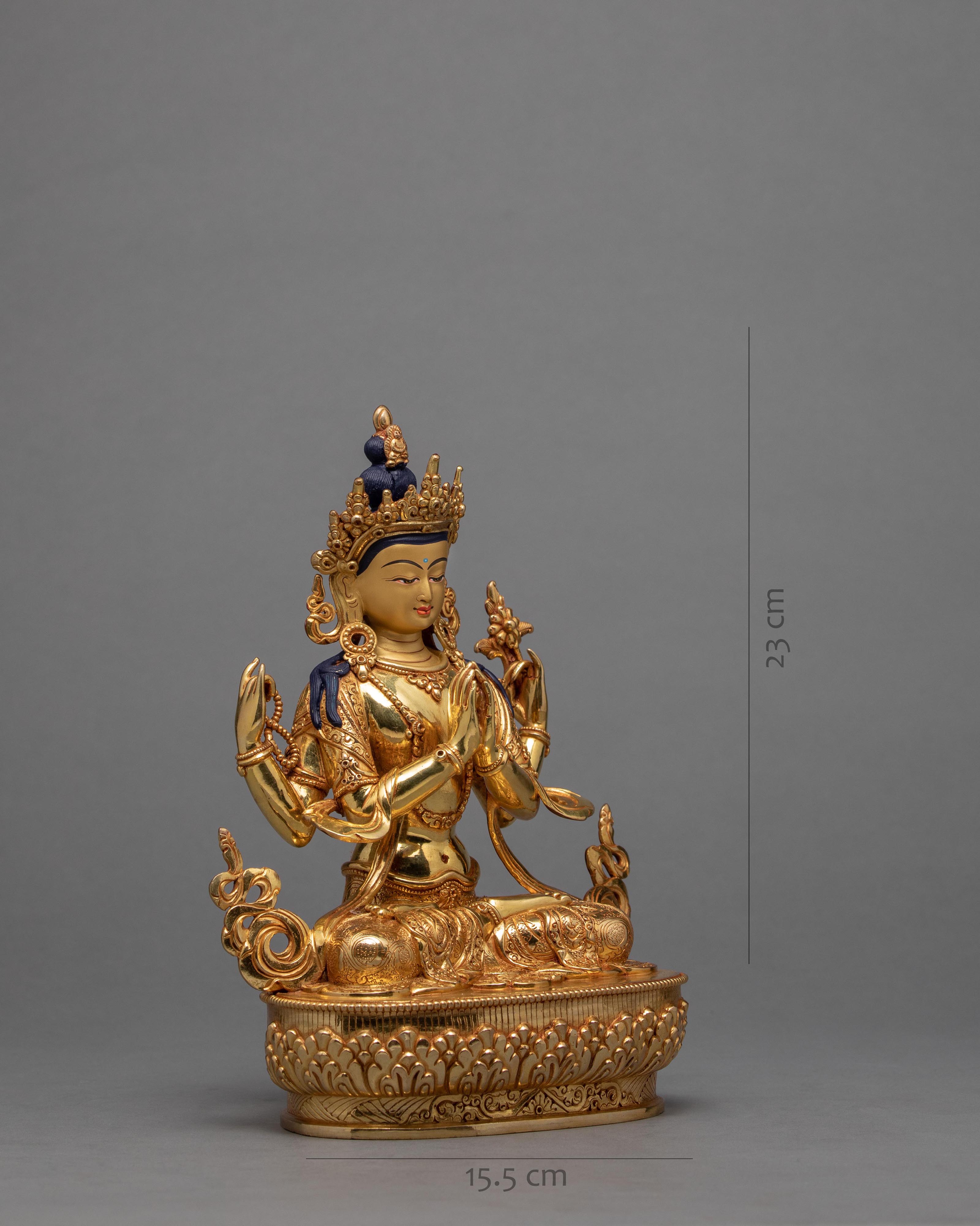 Four Armed Chenrezig | Tibetan Avalokiteshvara Gold Plated Statue