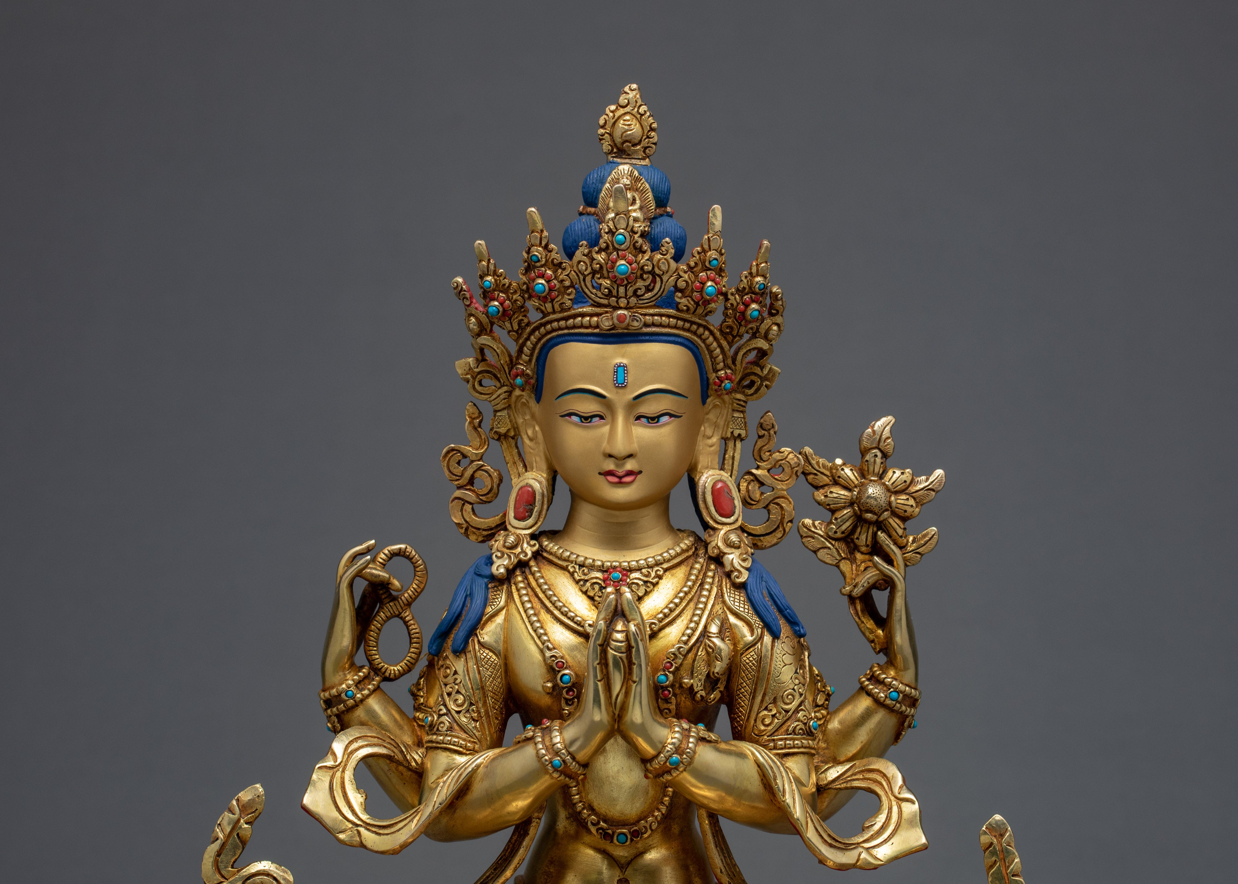 Four Armed Chenrezig Statue | 24K Gold Tibetan Sculpture