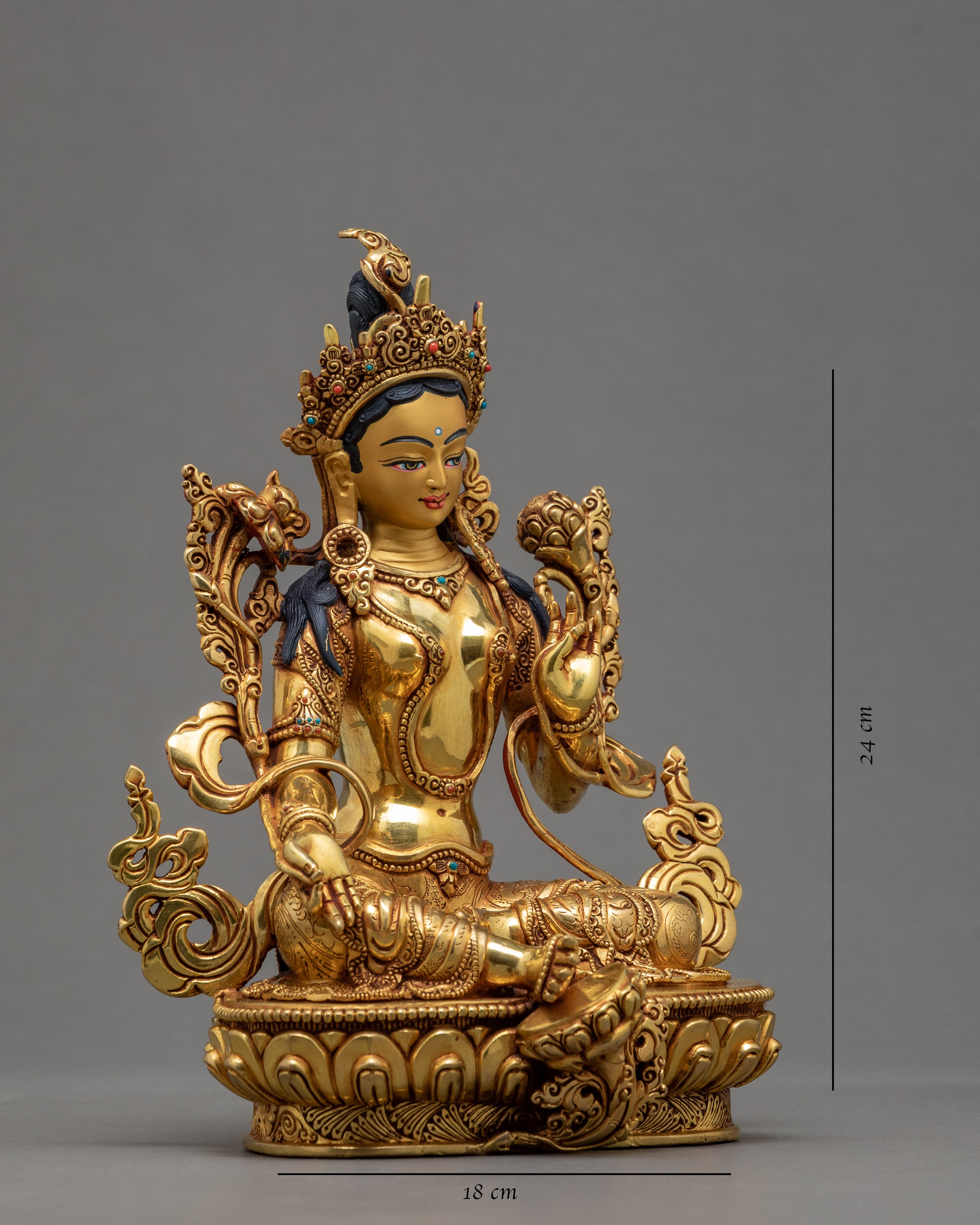 Green Tara Statue | Buddhist Compassion Goddess | 24k Gold Gilded