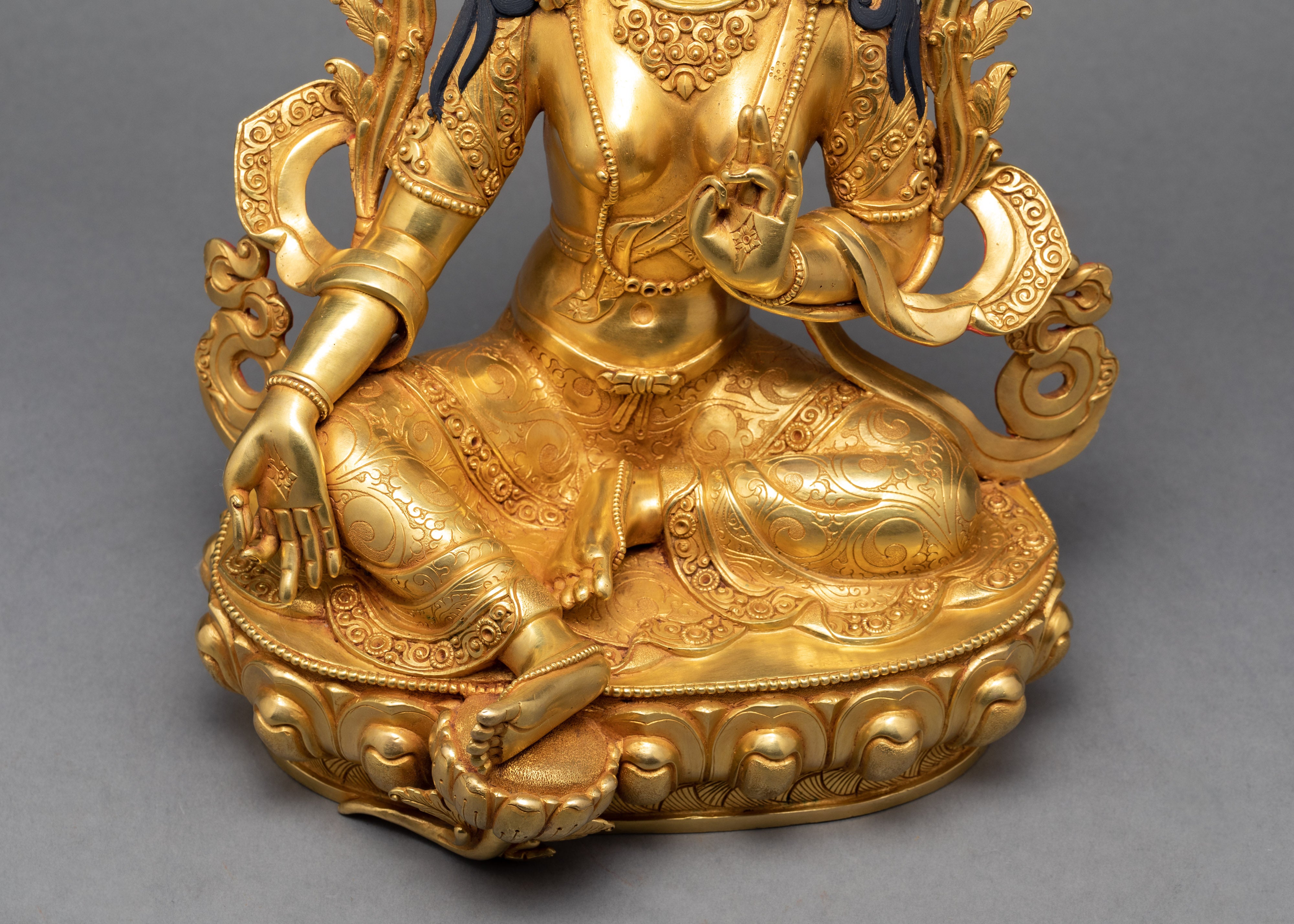 Green Tara Buddha Statue | Gold Gilded Peaceful Bodhisattva Sculpture