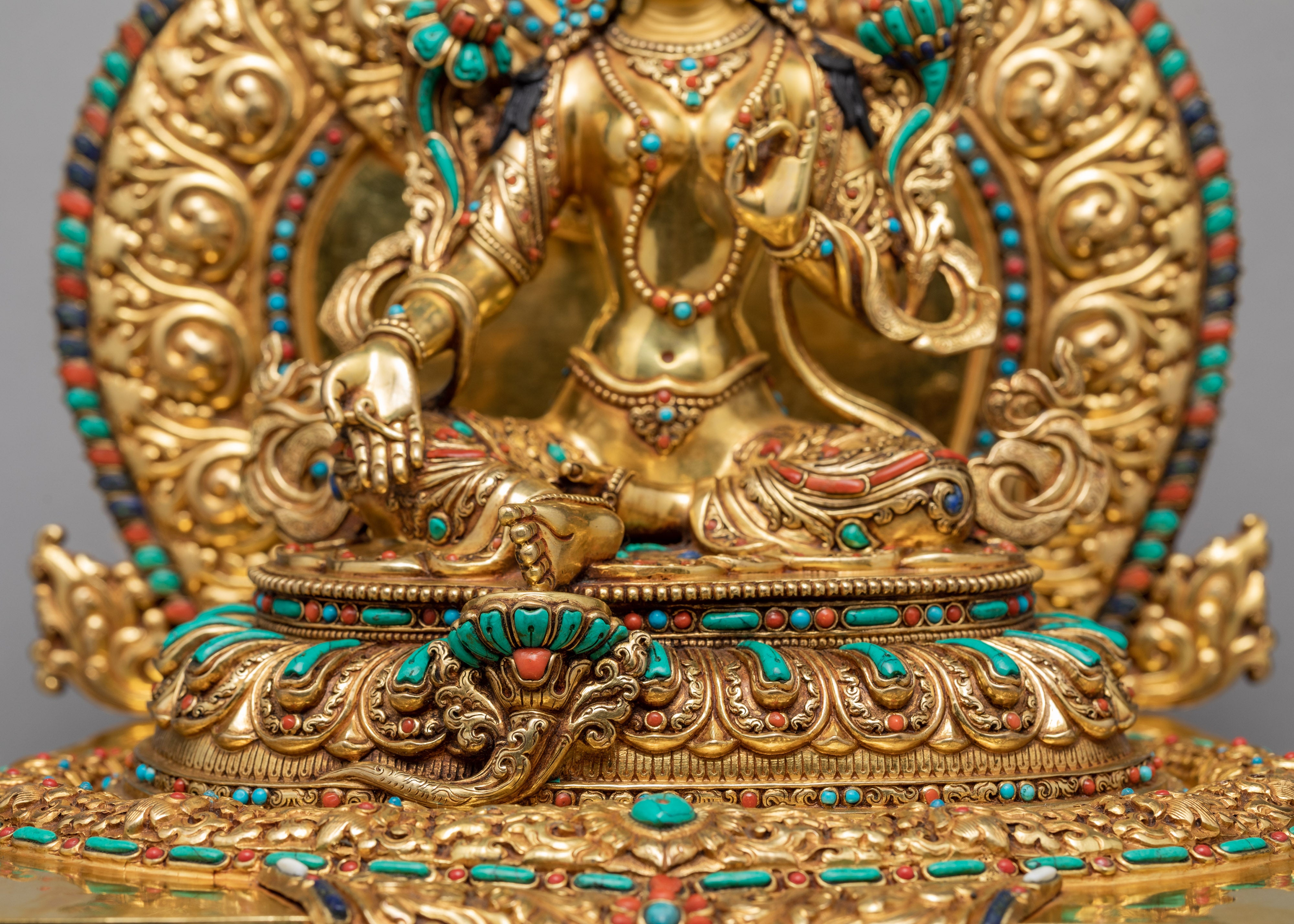 Rare Green Tara on Throne | Traditionally Hand carved 24K Gold Gilded Tara Statue