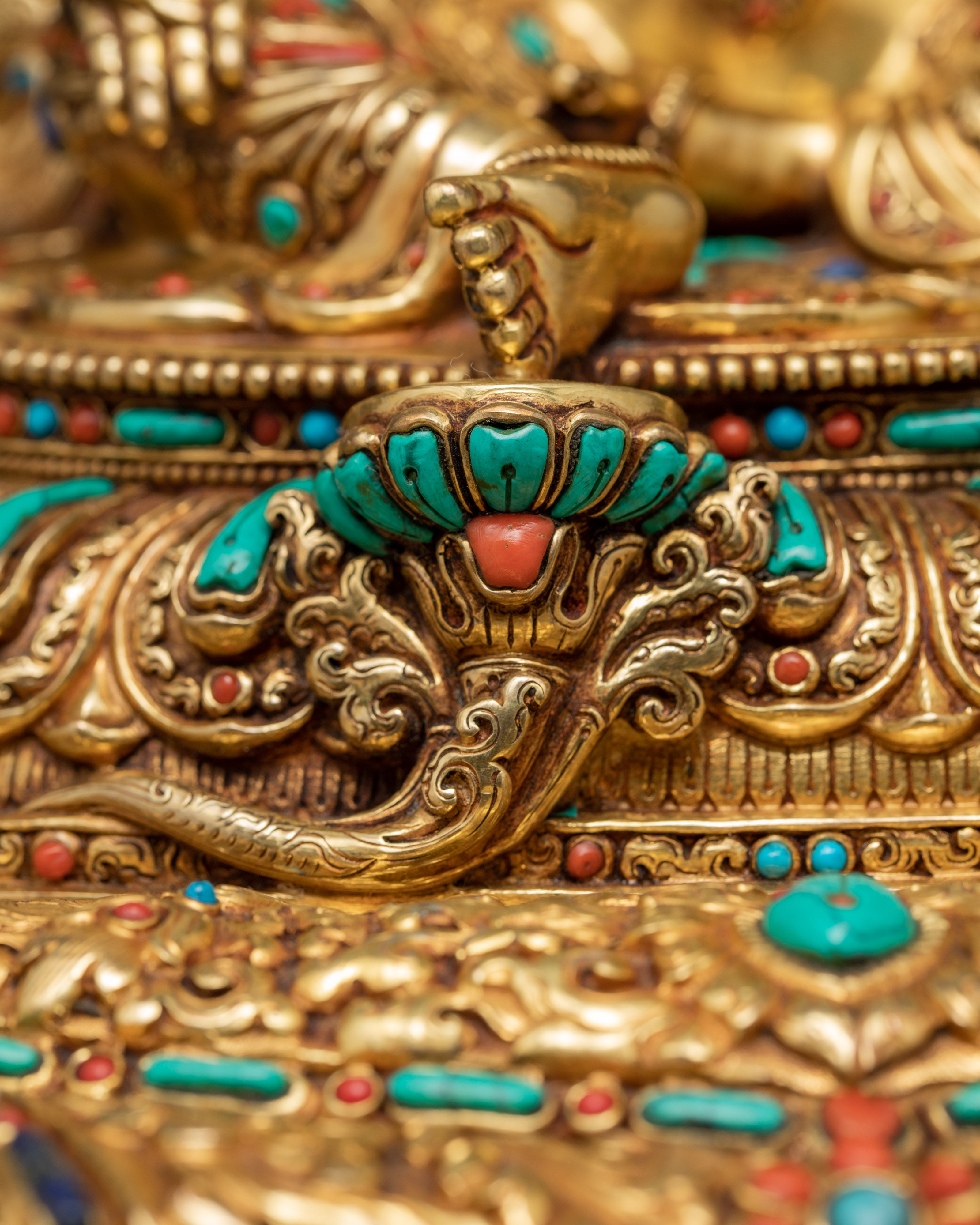 Rare Green Tara on Throne | Traditionally Hand carved 24K Gold Gilded Tara Statue