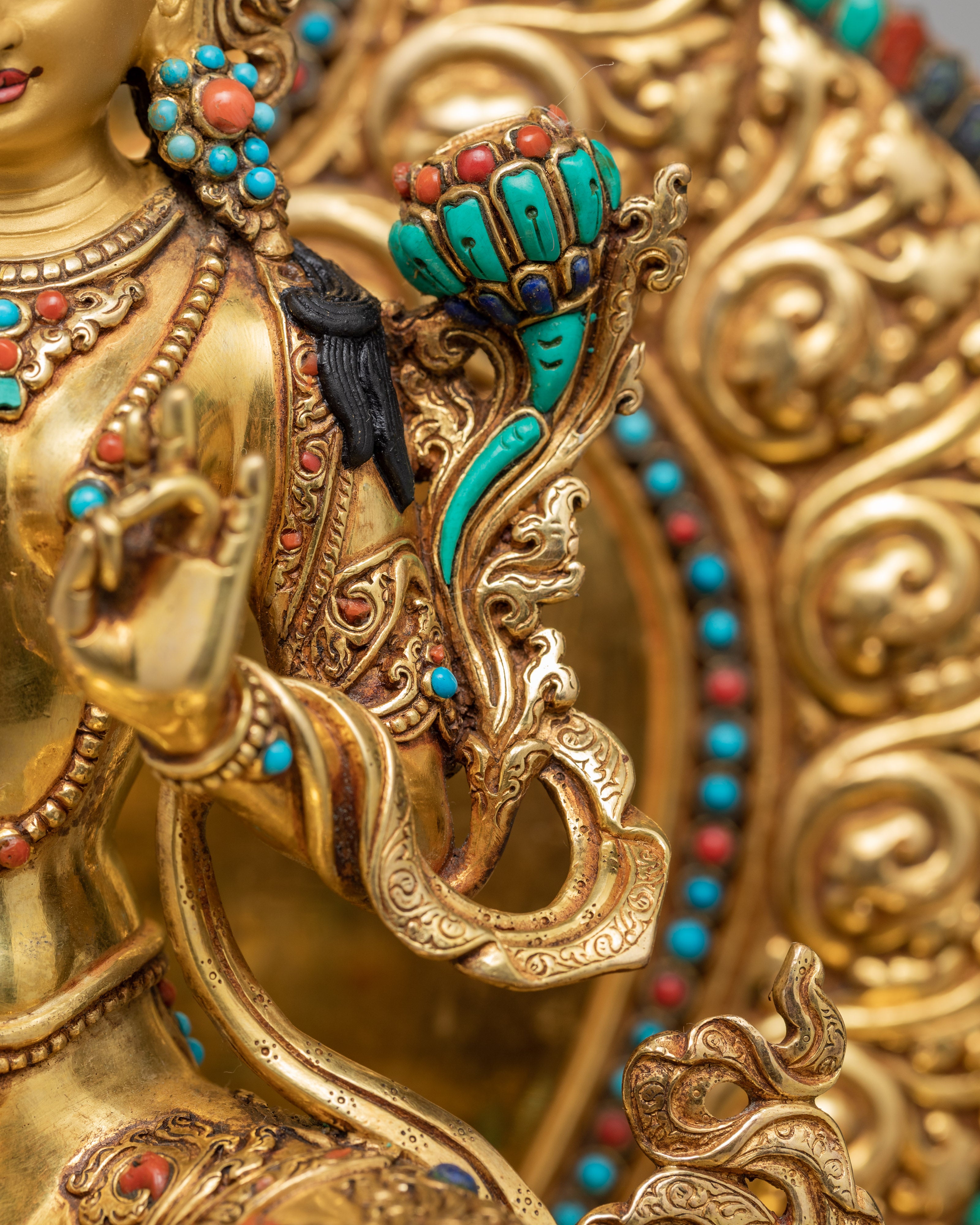 Rare Green Tara on Throne | Traditionally Hand carved 24K Gold Gilded Tara Statue