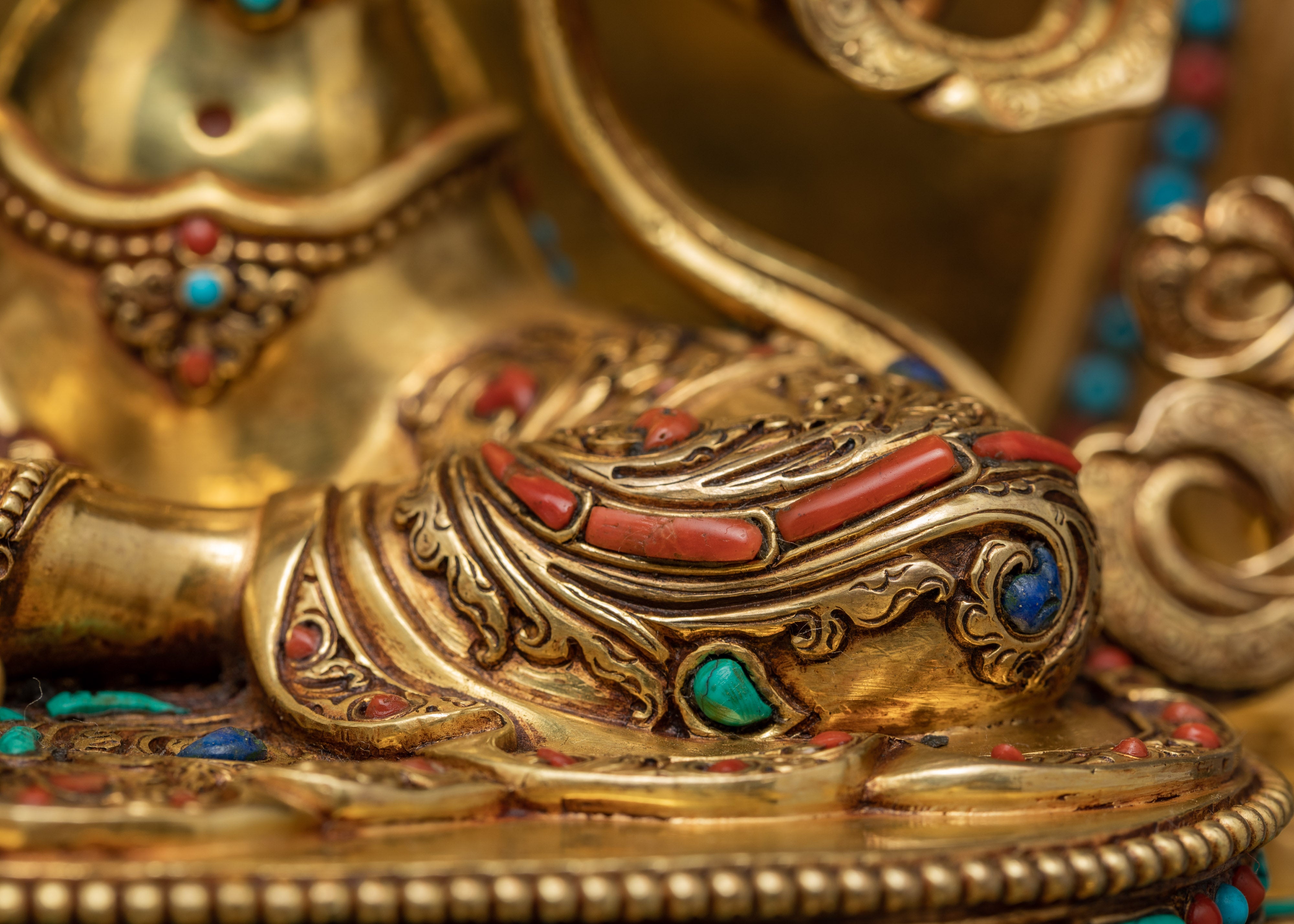 Rare Green Tara on Throne | Traditionally Hand carved 24K Gold Gilded Tara Statue