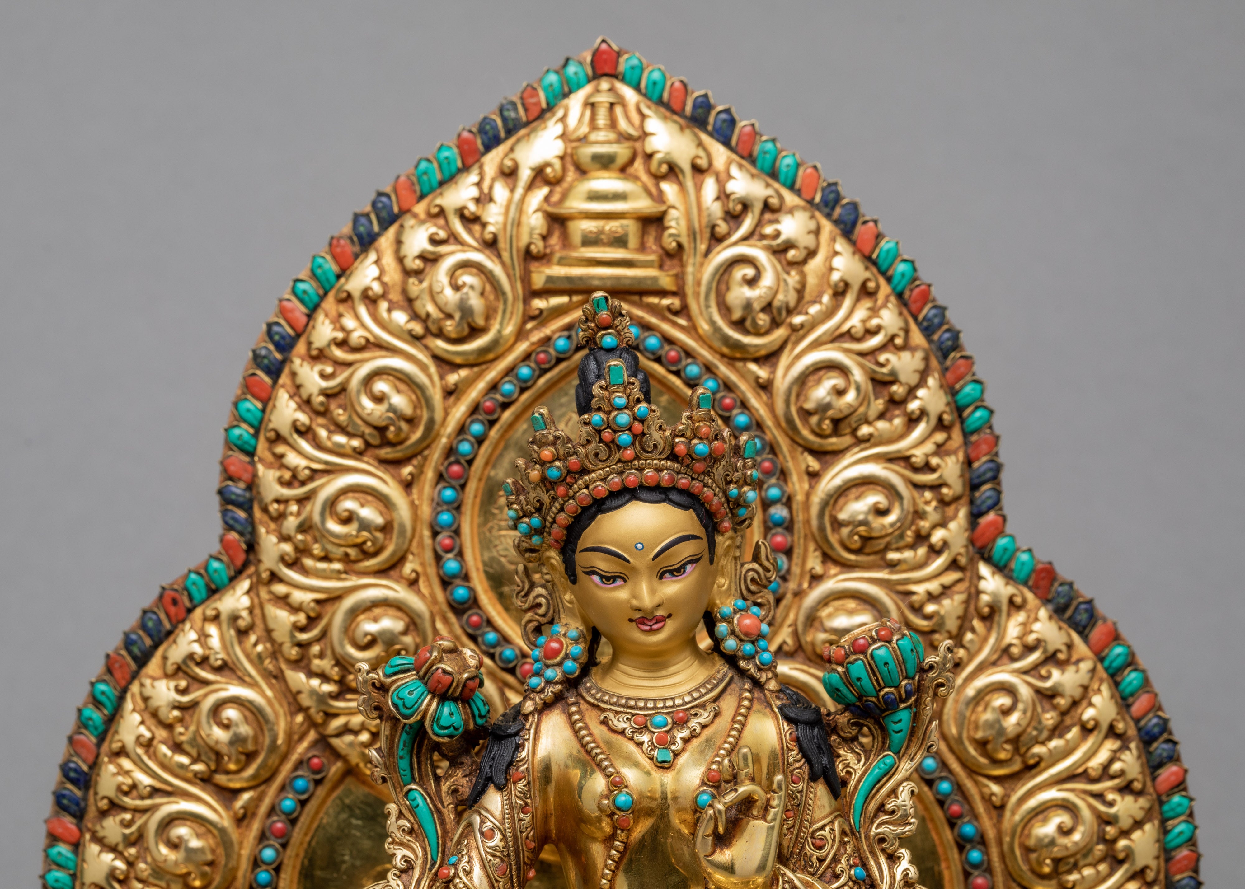 Rare Green Tara on Throne | Traditionally Hand carved 24K Gold Gilded Tara Statue