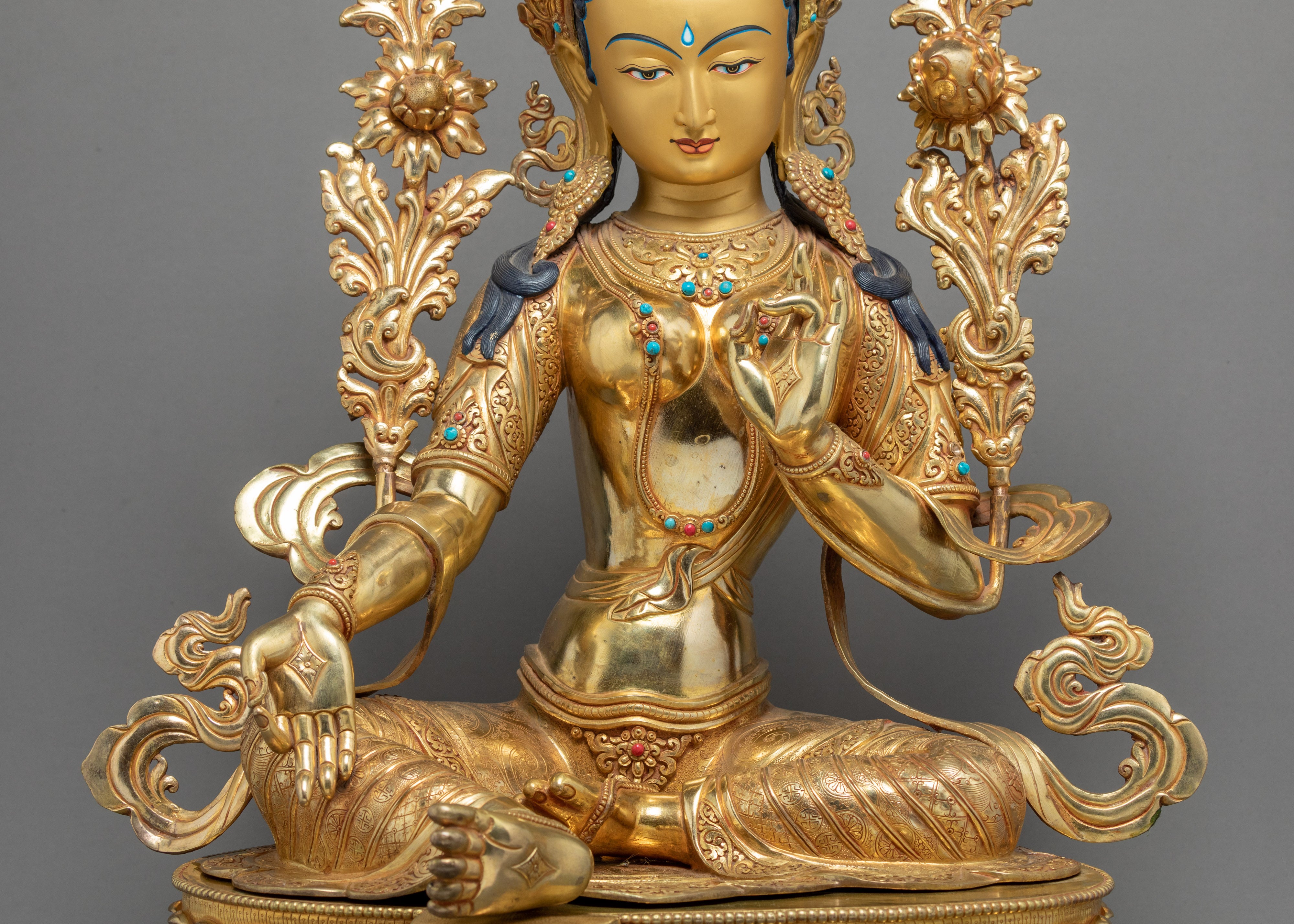 Large Green Tara Gold Statue | Hand carved Mother Tara Sculpture