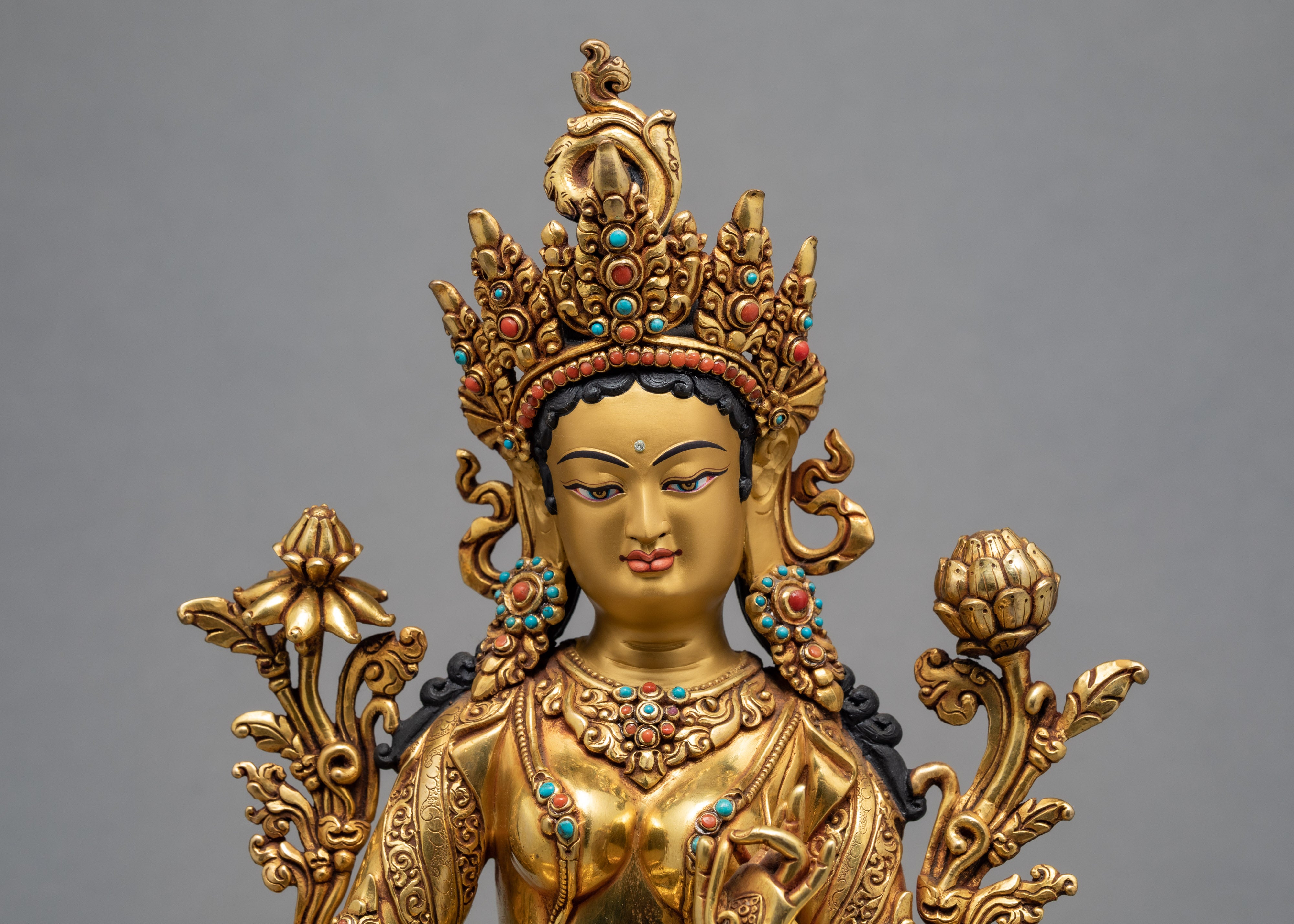 Green Tara Statue | Exquisite Gold Gilded Traditional Tara Statue