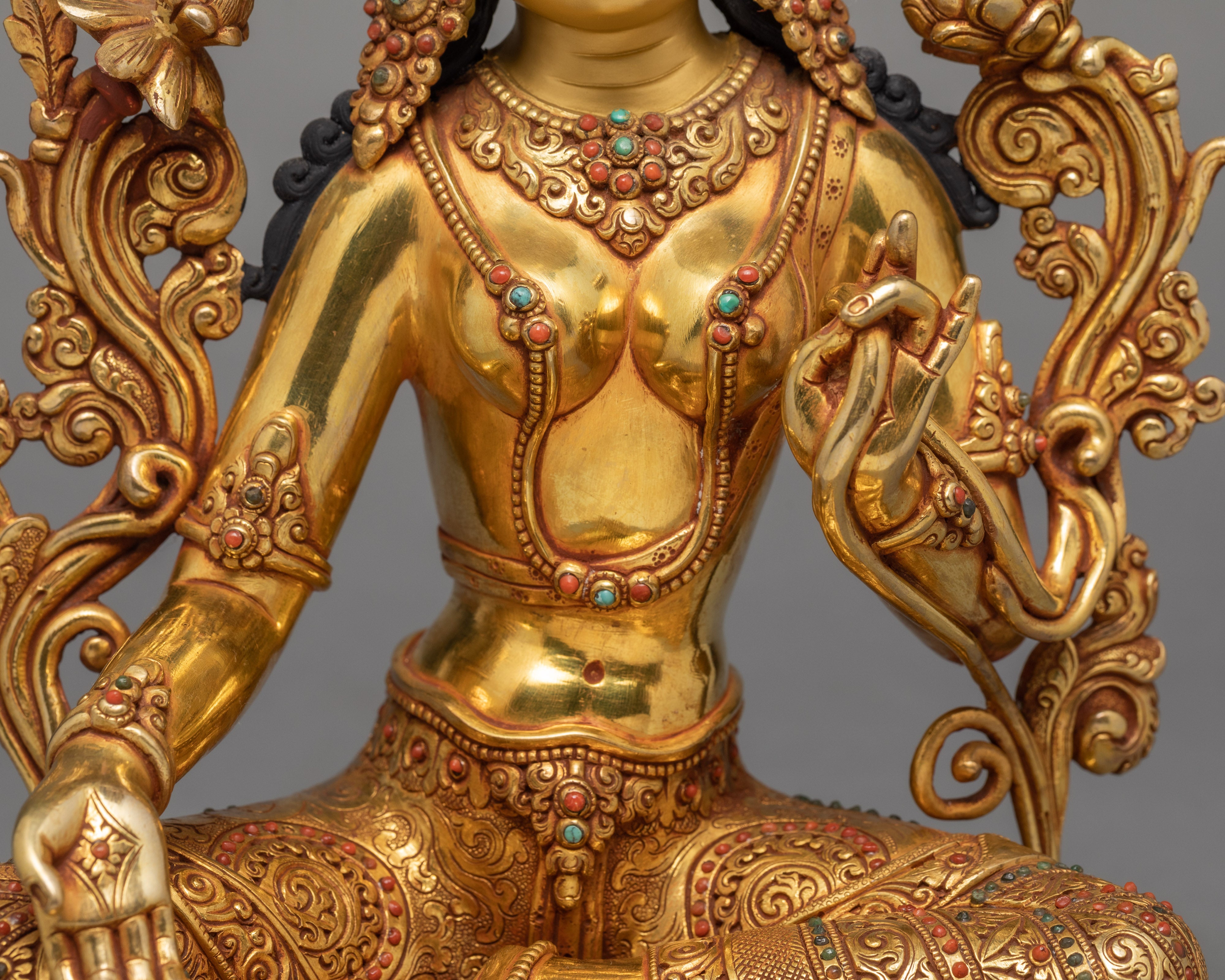 Seated Green Tara Statue | Fine Hand Carved Buddhist Sculpture