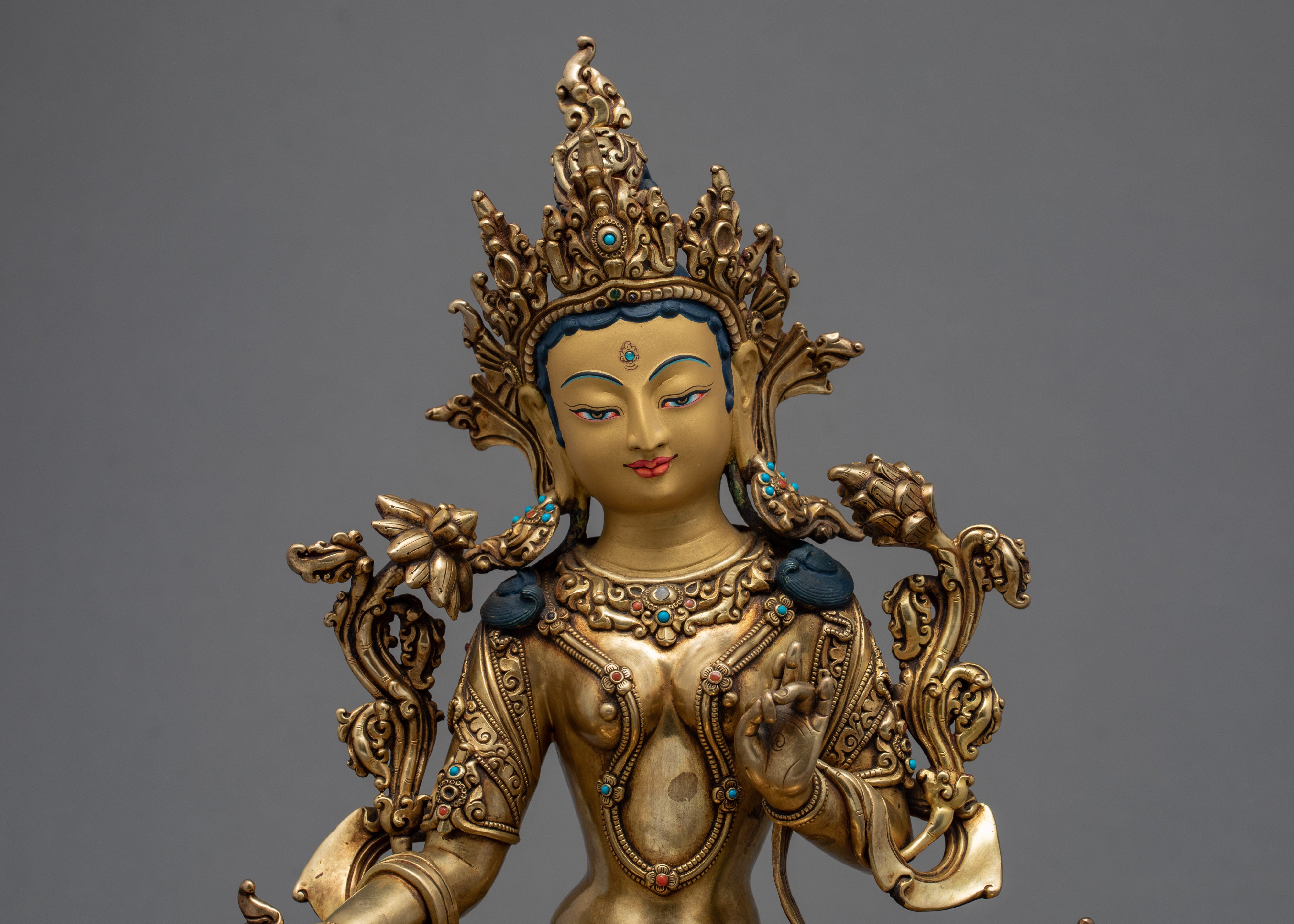 Mother Green Tara Statue | Gold Gilded Tibetan Bodhisattva