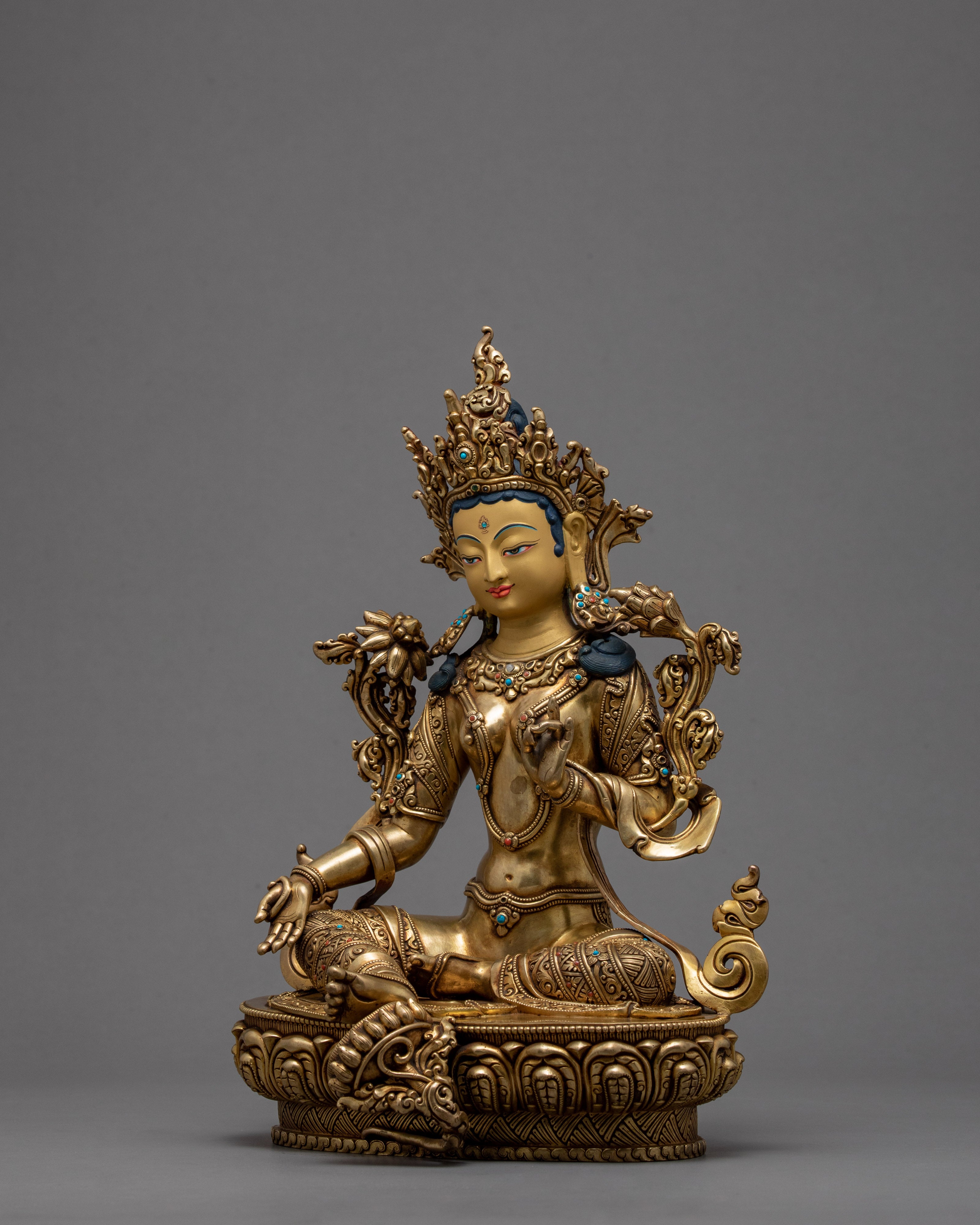 Mother Green Tara Statue | Gold Gilded Tibetan Bodhisattva