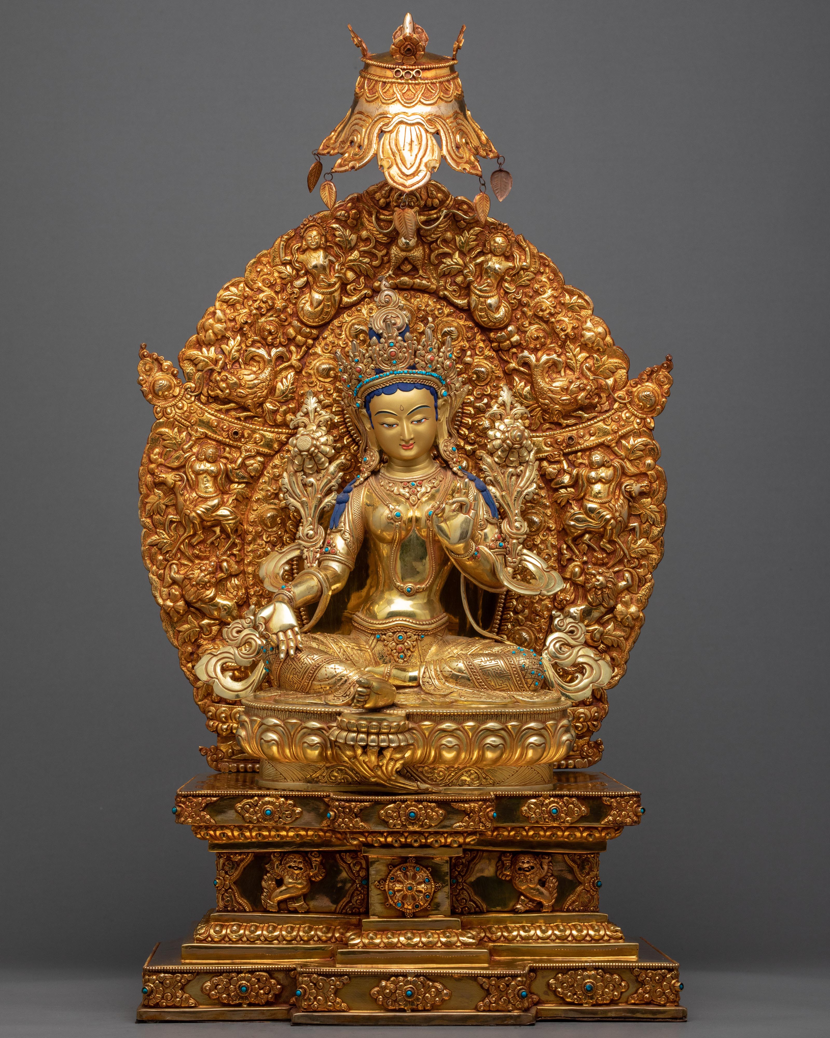Rare Green Tara Throne Statue