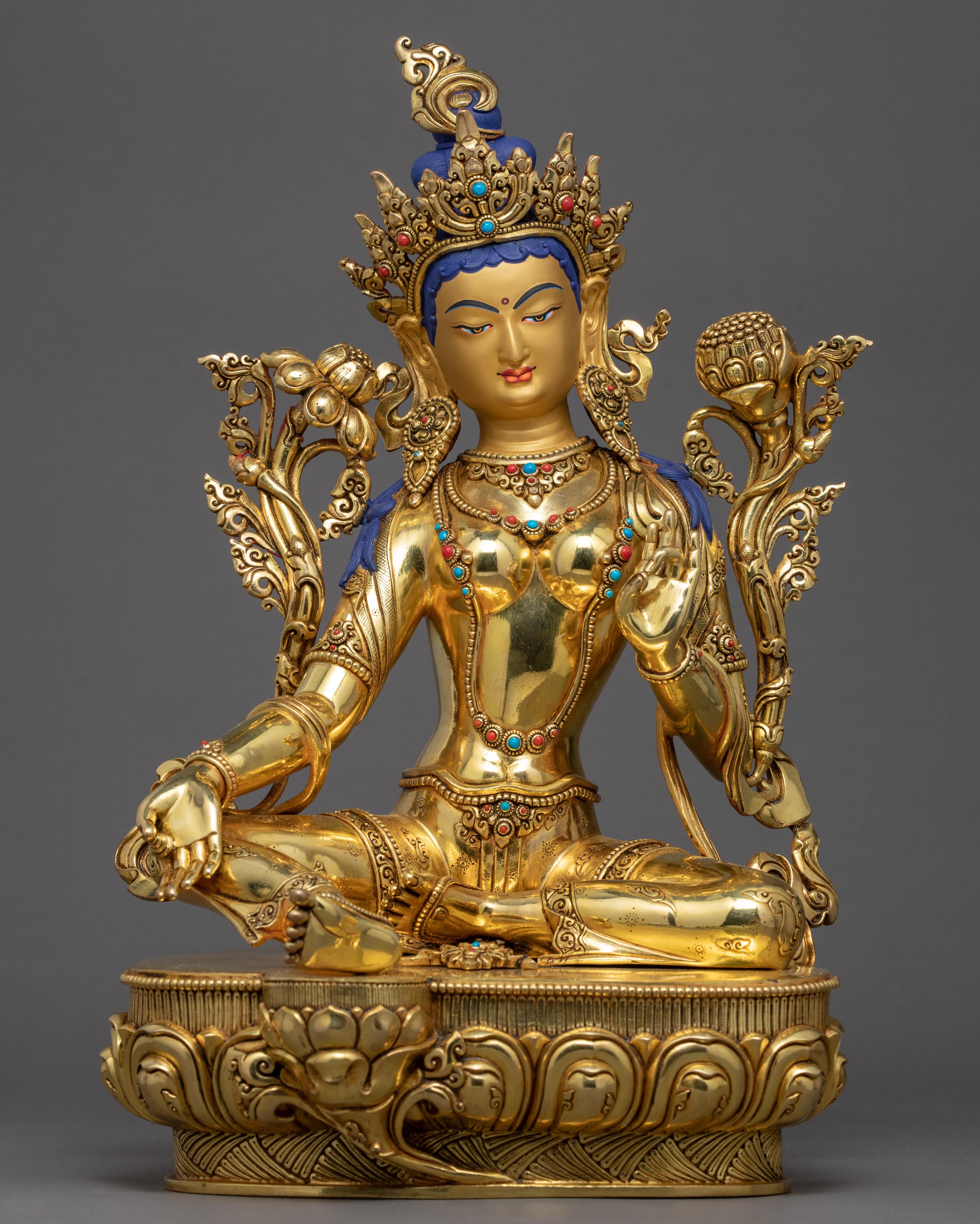 Tibetan Green Tara Statue | Gold Glided Buddhist Art