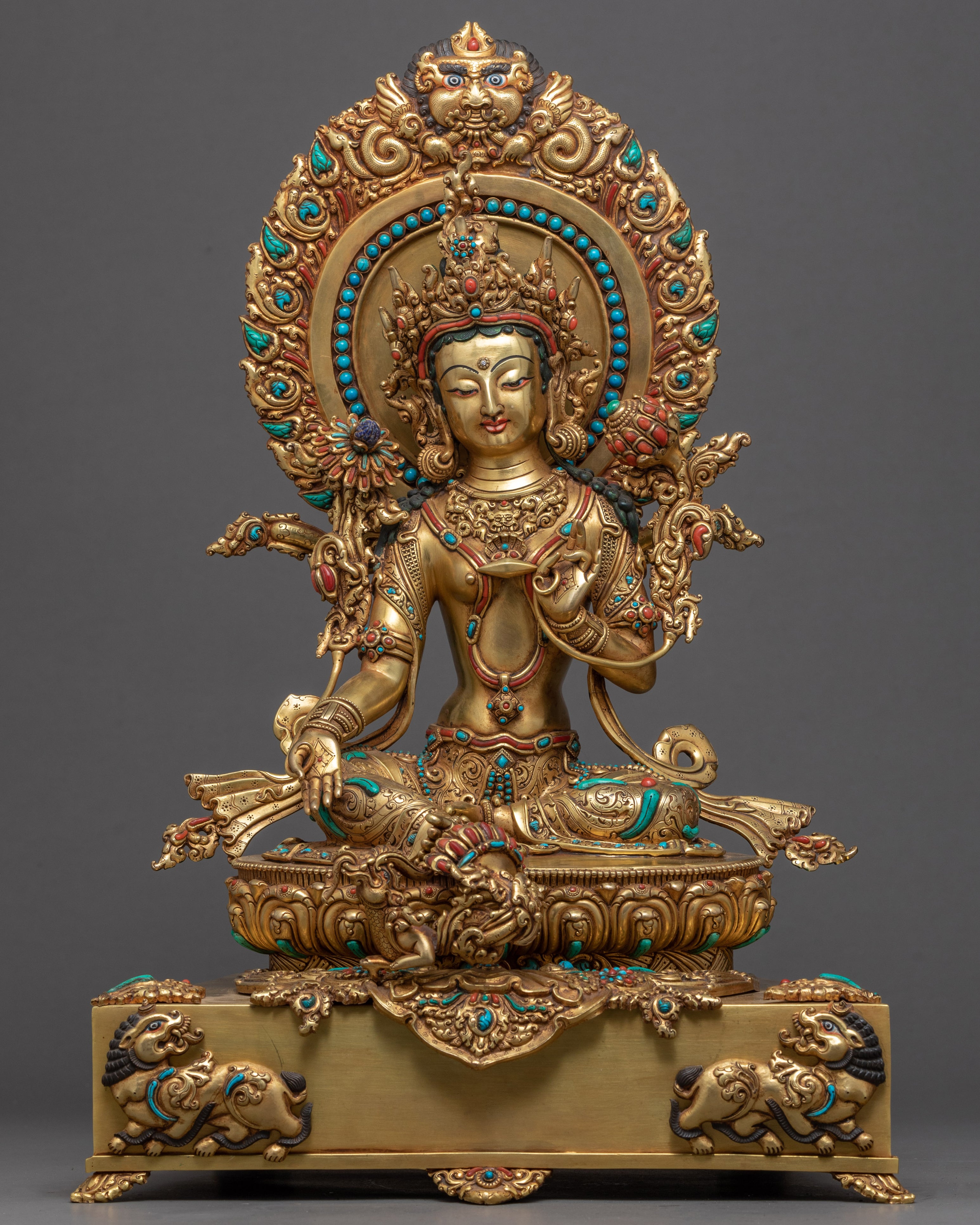 rare green tara throne sculpture