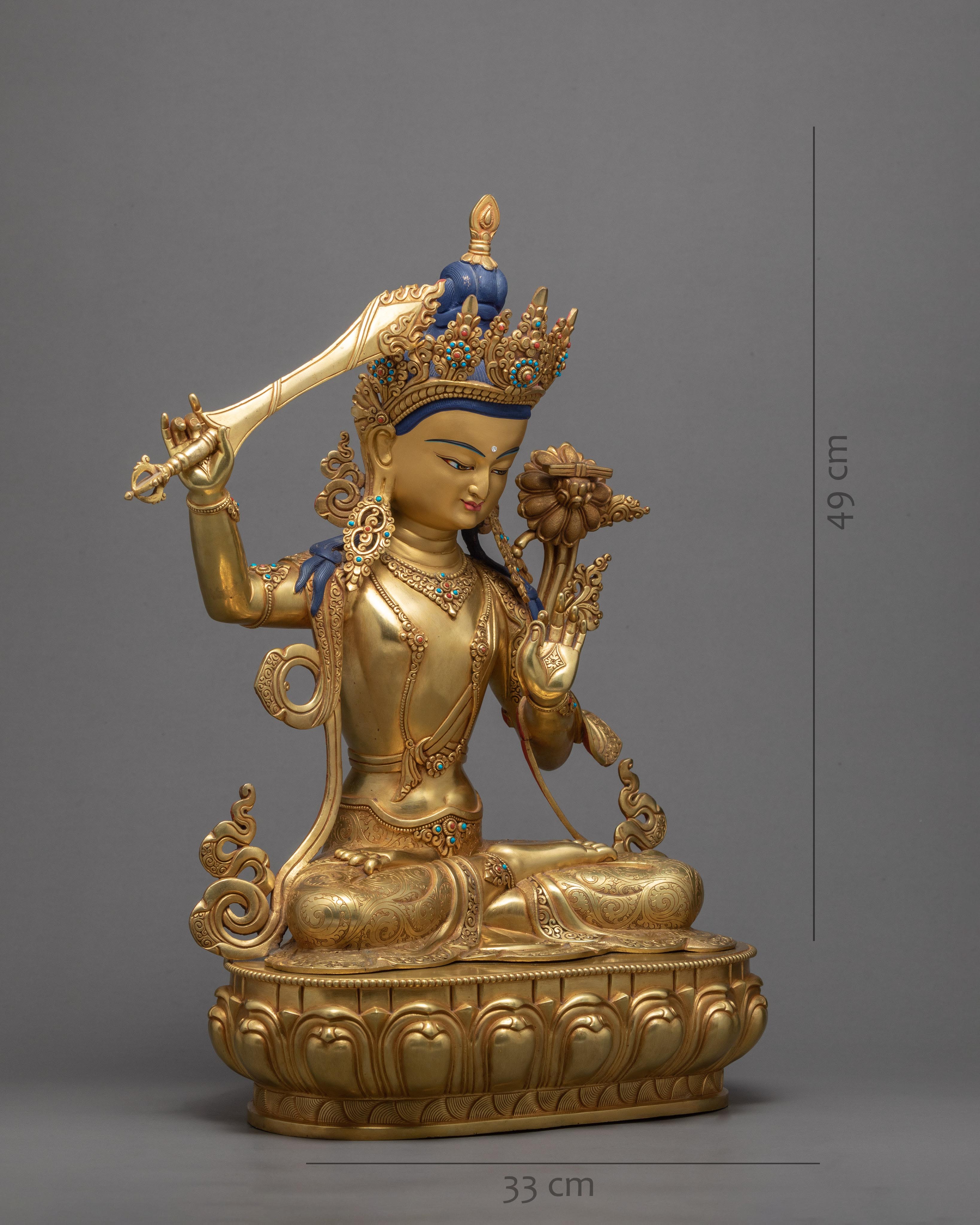 Manjushree Statue | 24k Gold Gilded | Boddhisattva Sculpture