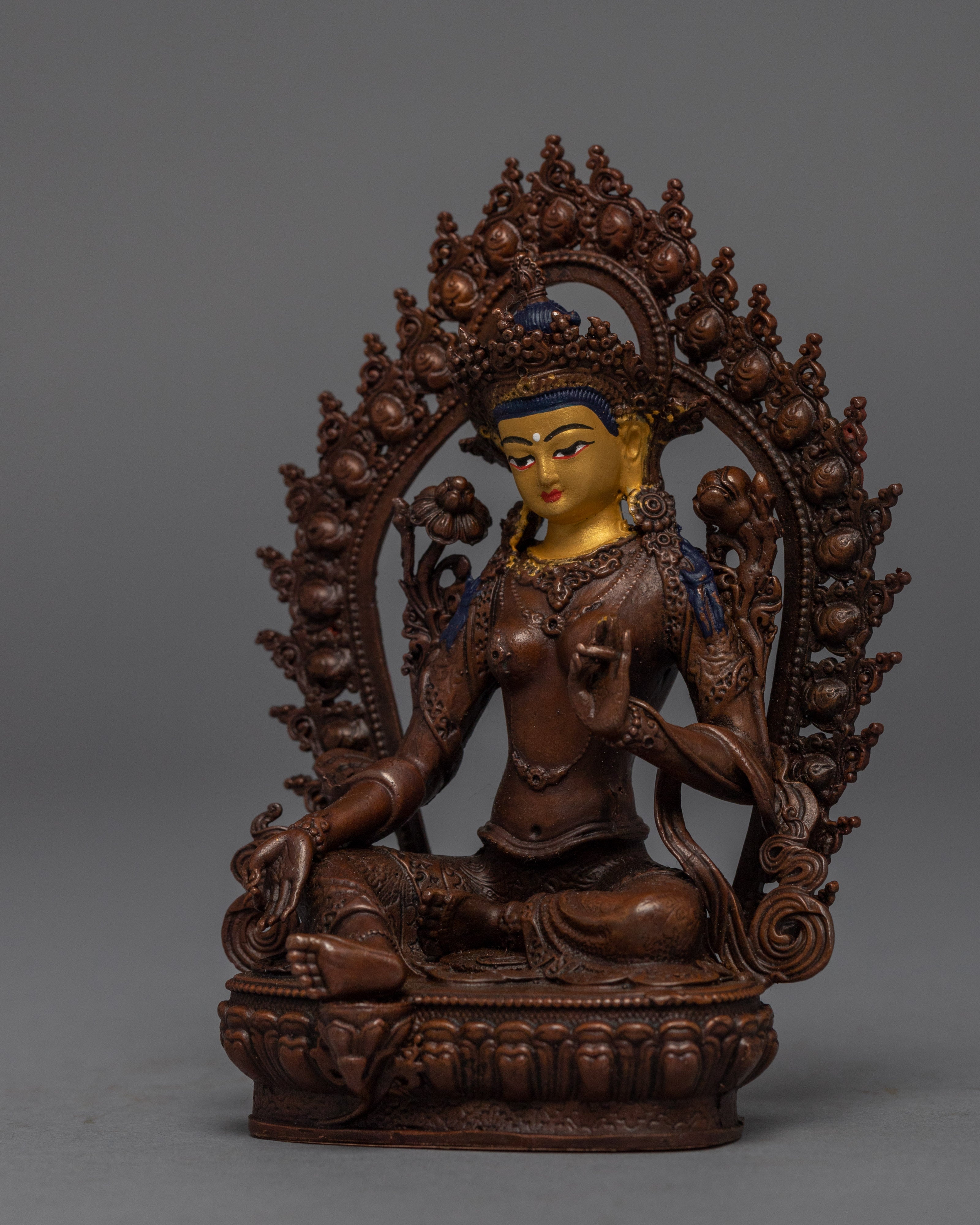 Goddess Female Buddha Statue | Gold Gilded Copper Body Miniature Green Tara Sculpture