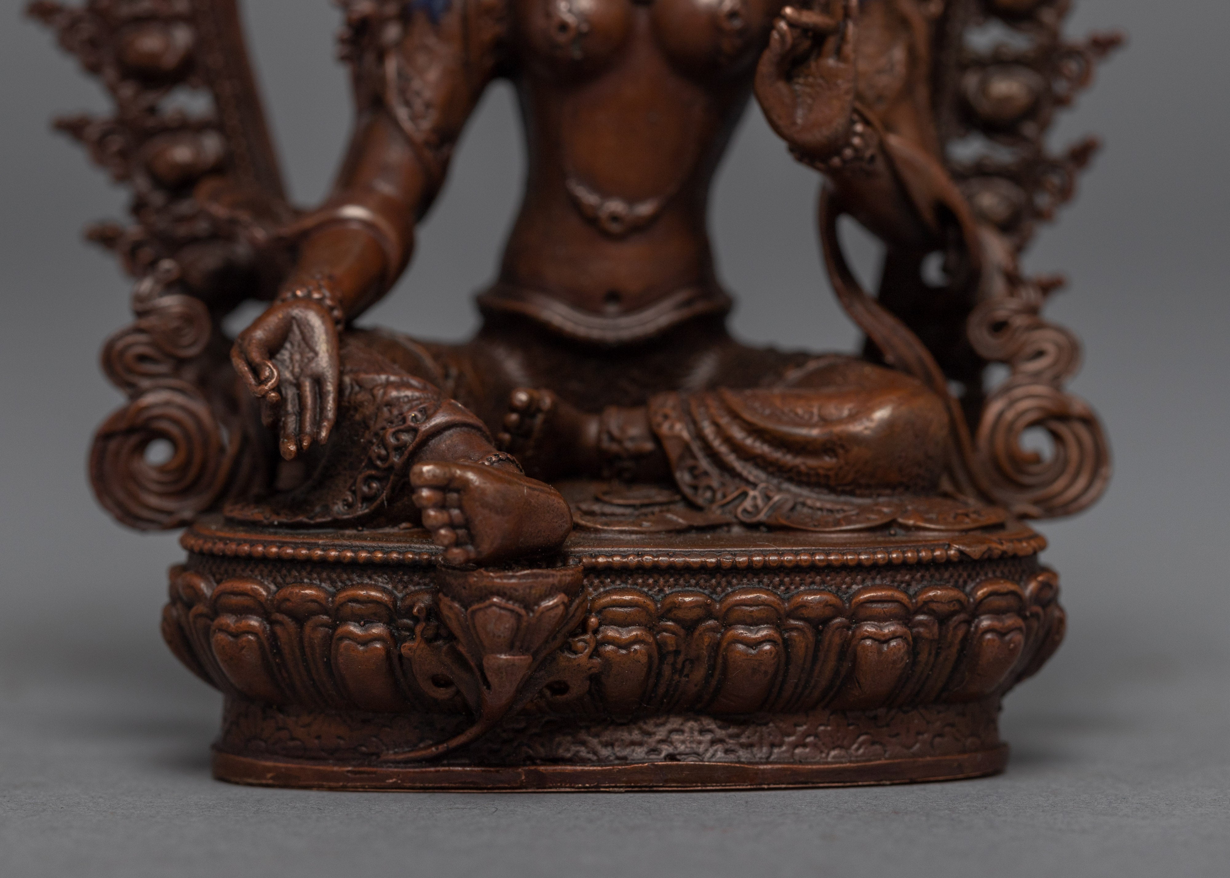 Goddess Female Buddha Statue | Gold Gilded Copper Body Miniature Green Tara Sculpture