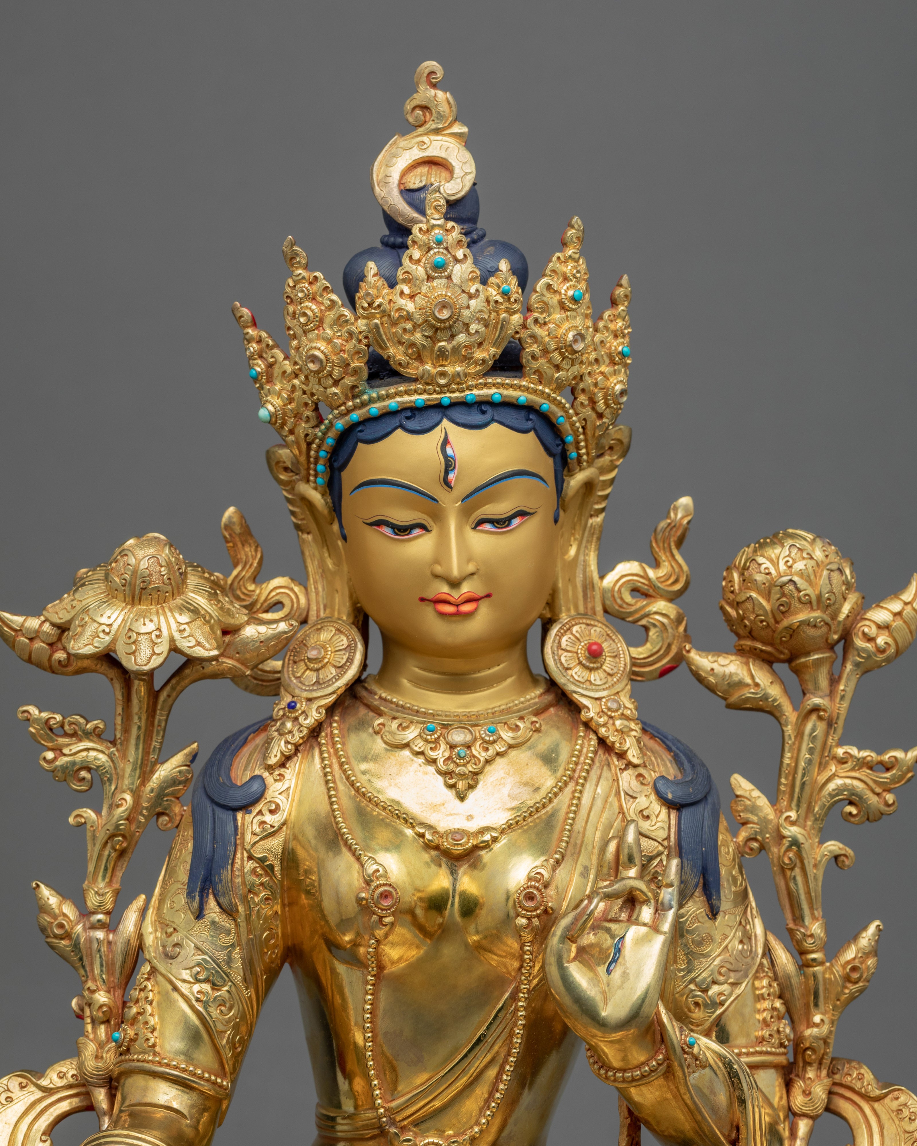 White Tara Symbolism Sculpture | Tibetan Art Plated with Gold - Termatree