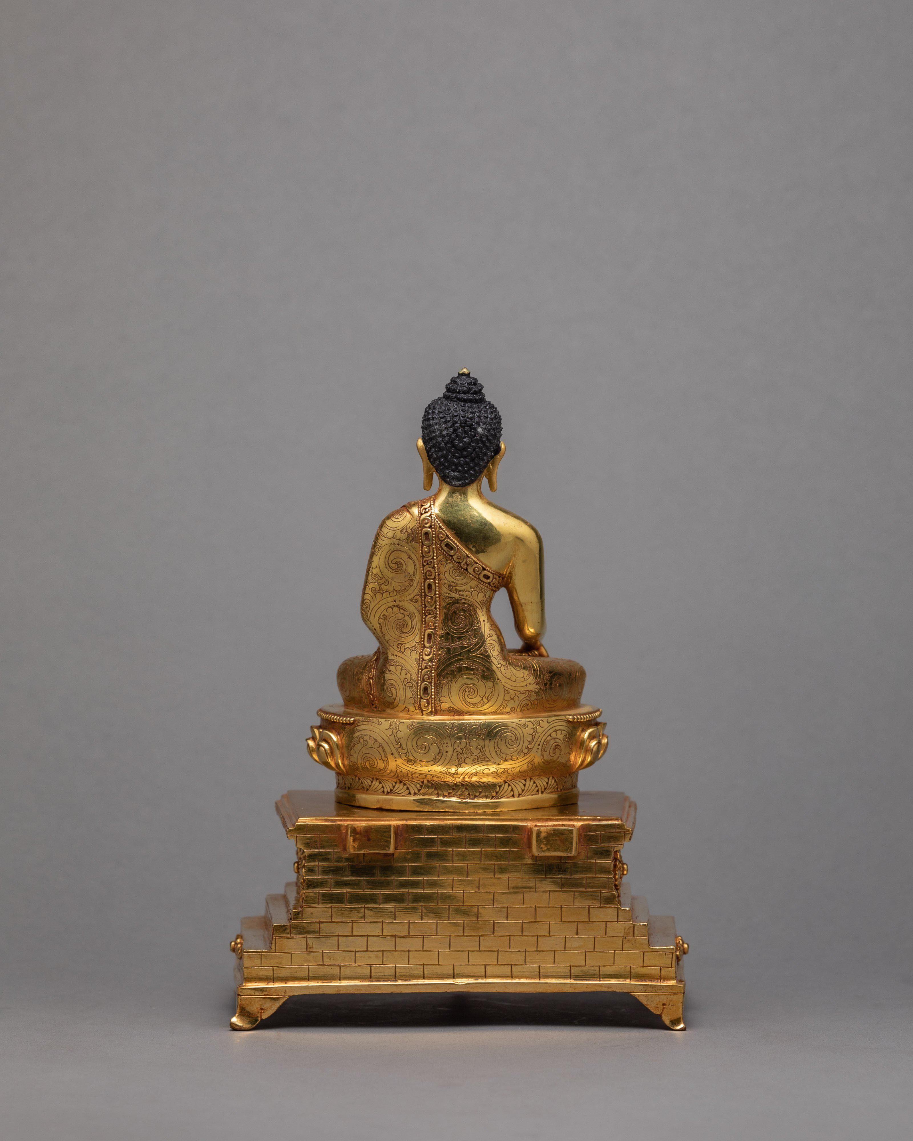 Shakyamuni Buddha With Throne | Tibetan Buddha Sculpture | Gold Plated Art