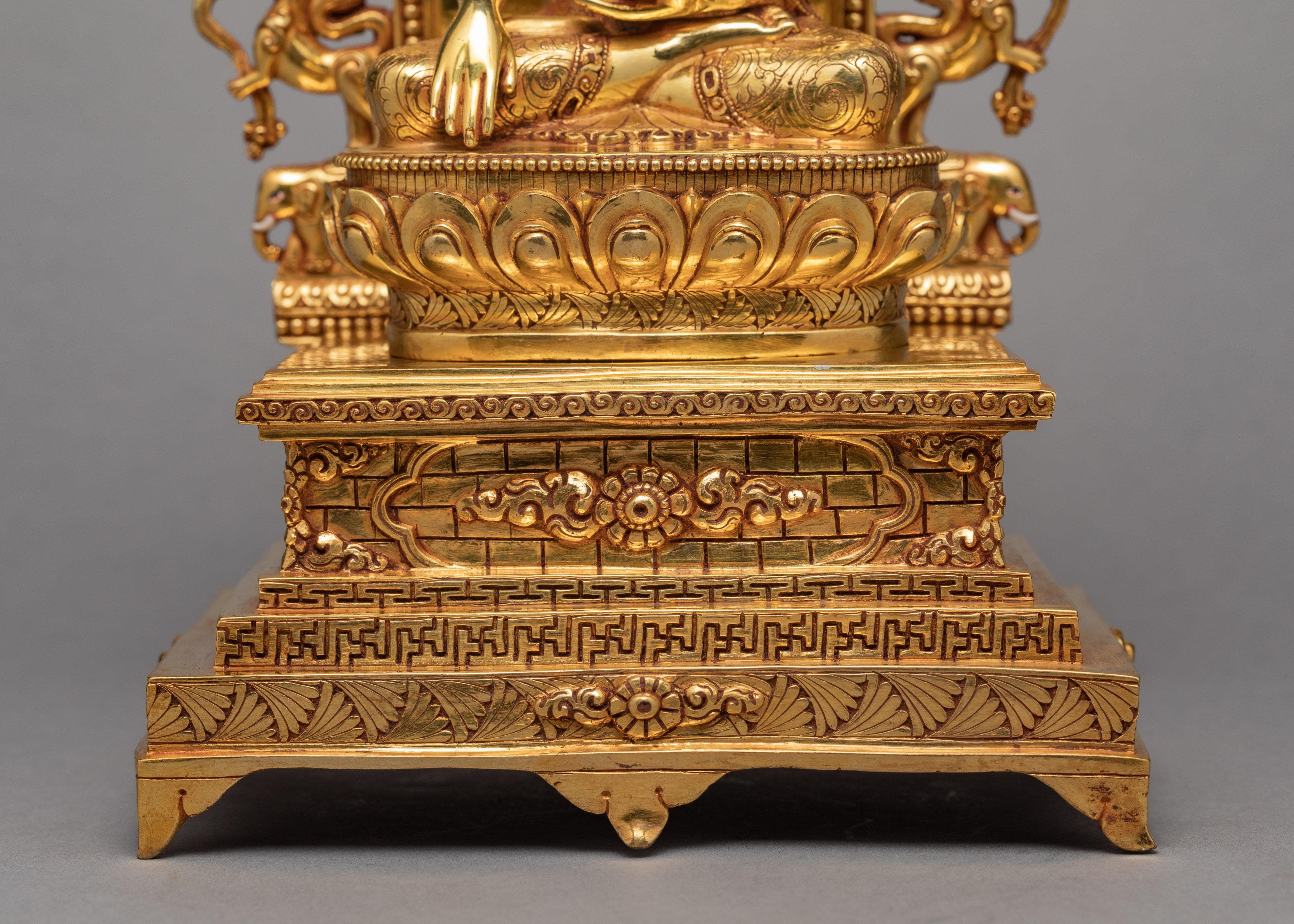 Shakyamuni Buddha With Throne | Tibetan Buddha Sculpture | Gold Plated Art
