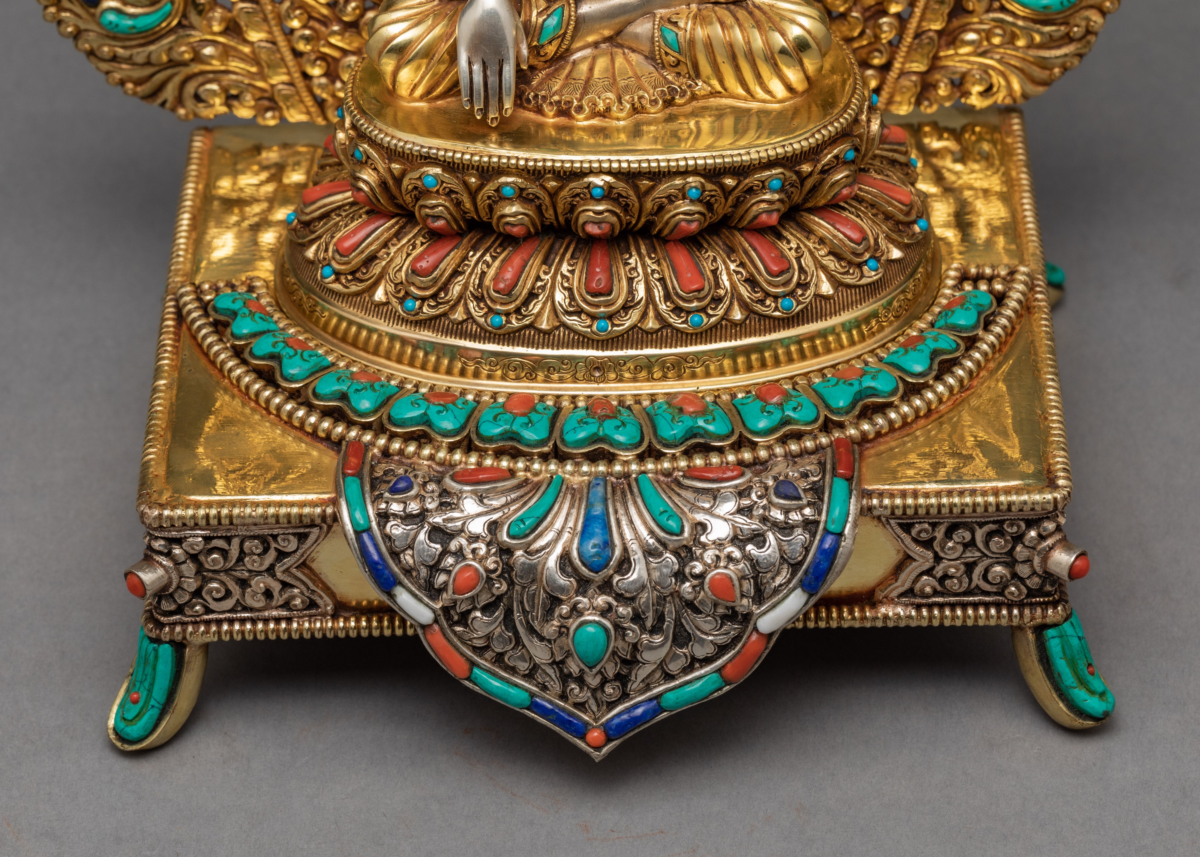 Shakyamuni Buddha Statue In Throne | Himalayan Buddhist Sculpture | Glided With Pure 24K Gold