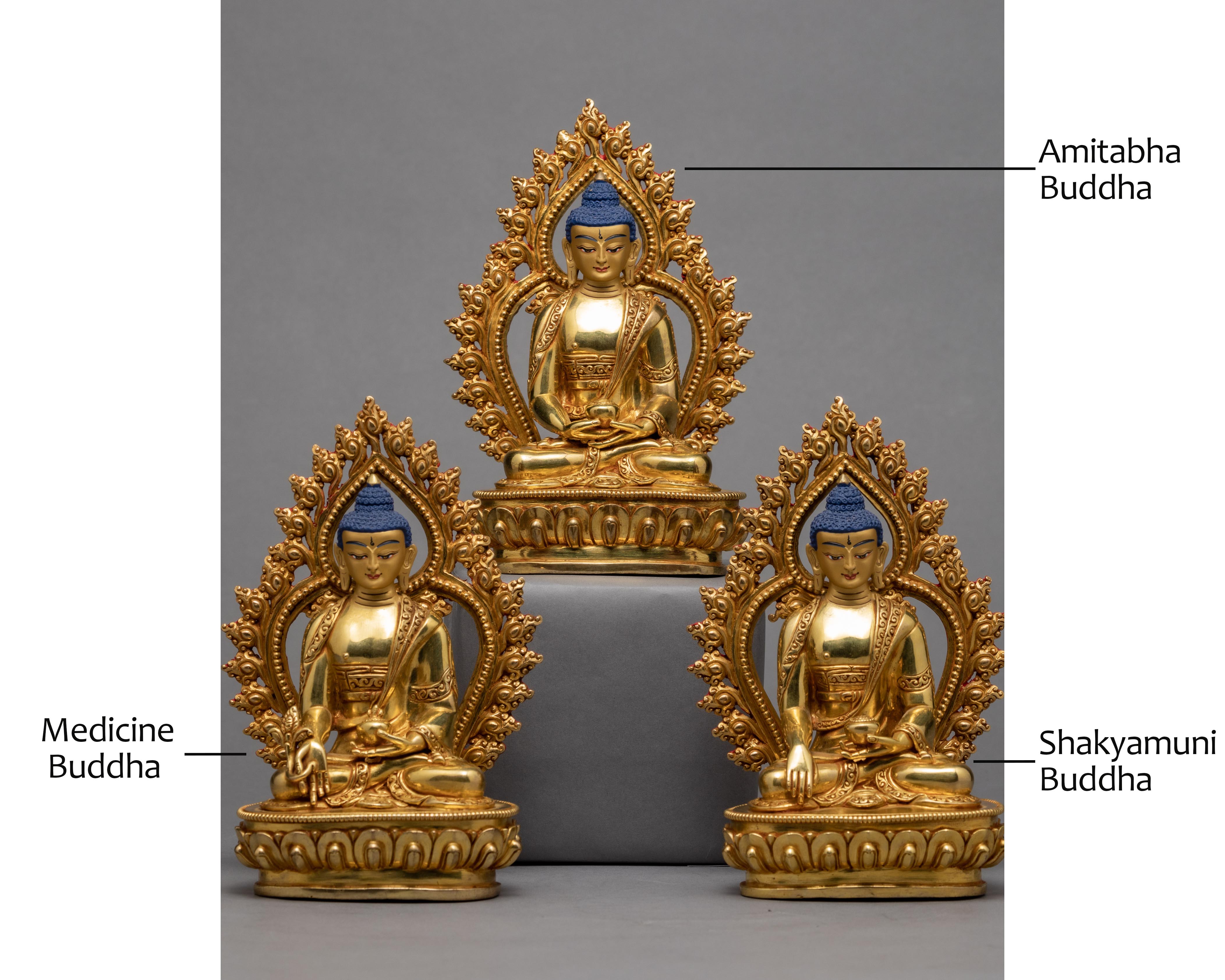 Three Buddha Statue | Tibetan Art Plated with Gold