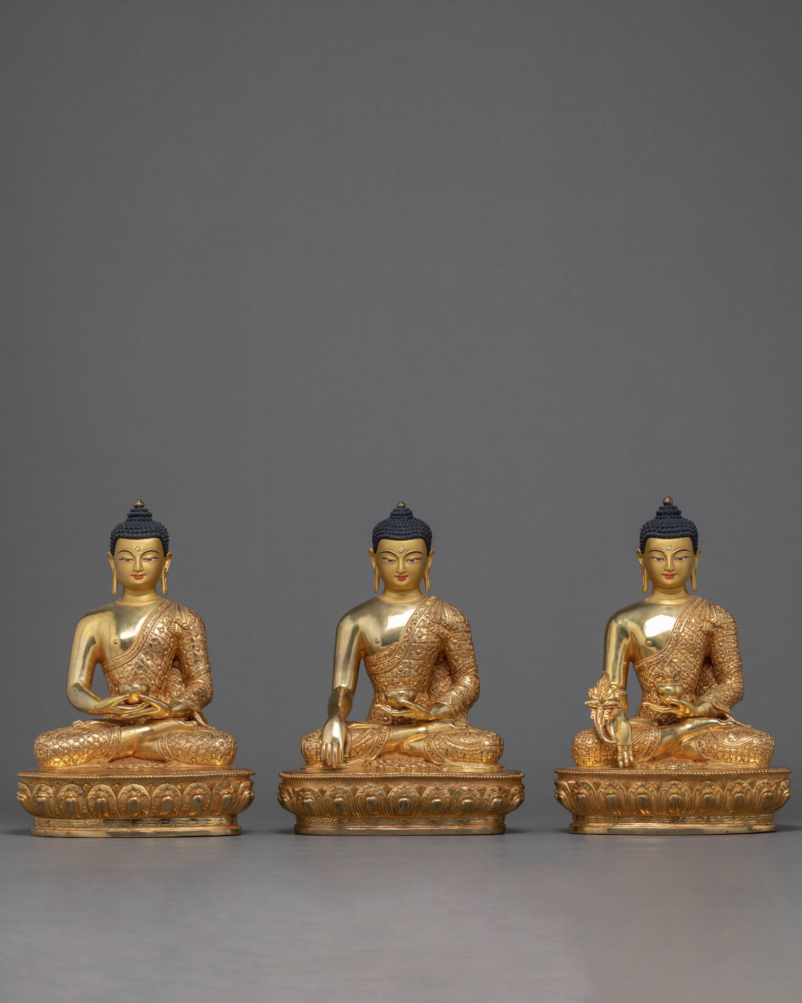 Three Tibetan Buddhas Statue | Traditional Gold Gilded Sculpture