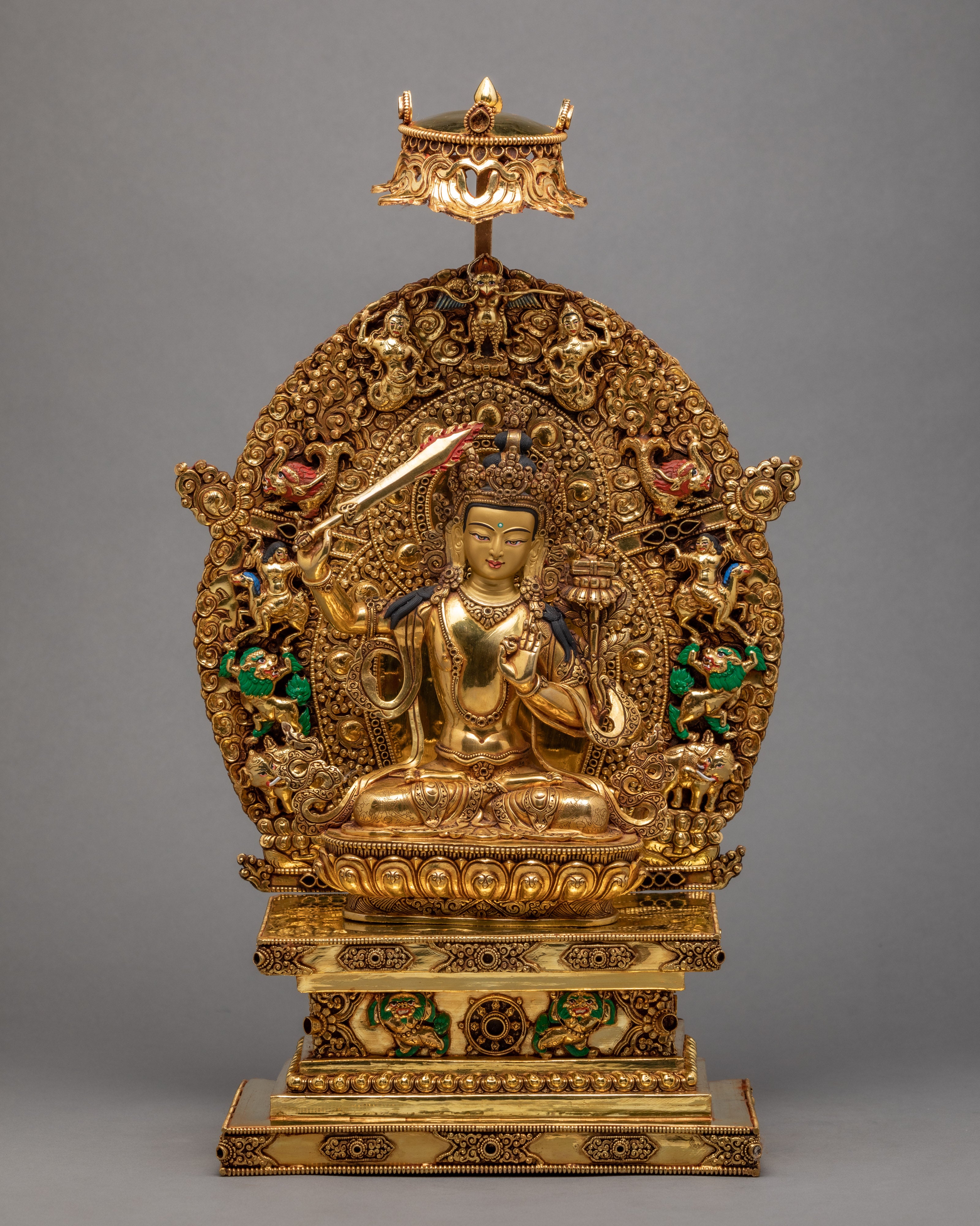Manjushri Statue in Throne | Himalayan Bodhisattva Statue | Plated With Pure 24K Gold