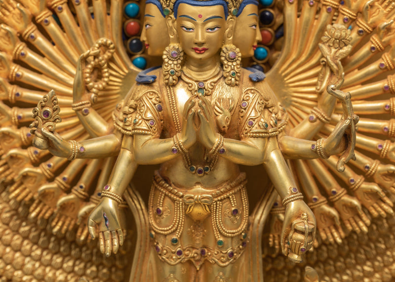 Avalokiteshvara 1000 Arms | Chenrezig Buddha | 24K Gold Hand Carved Statue
