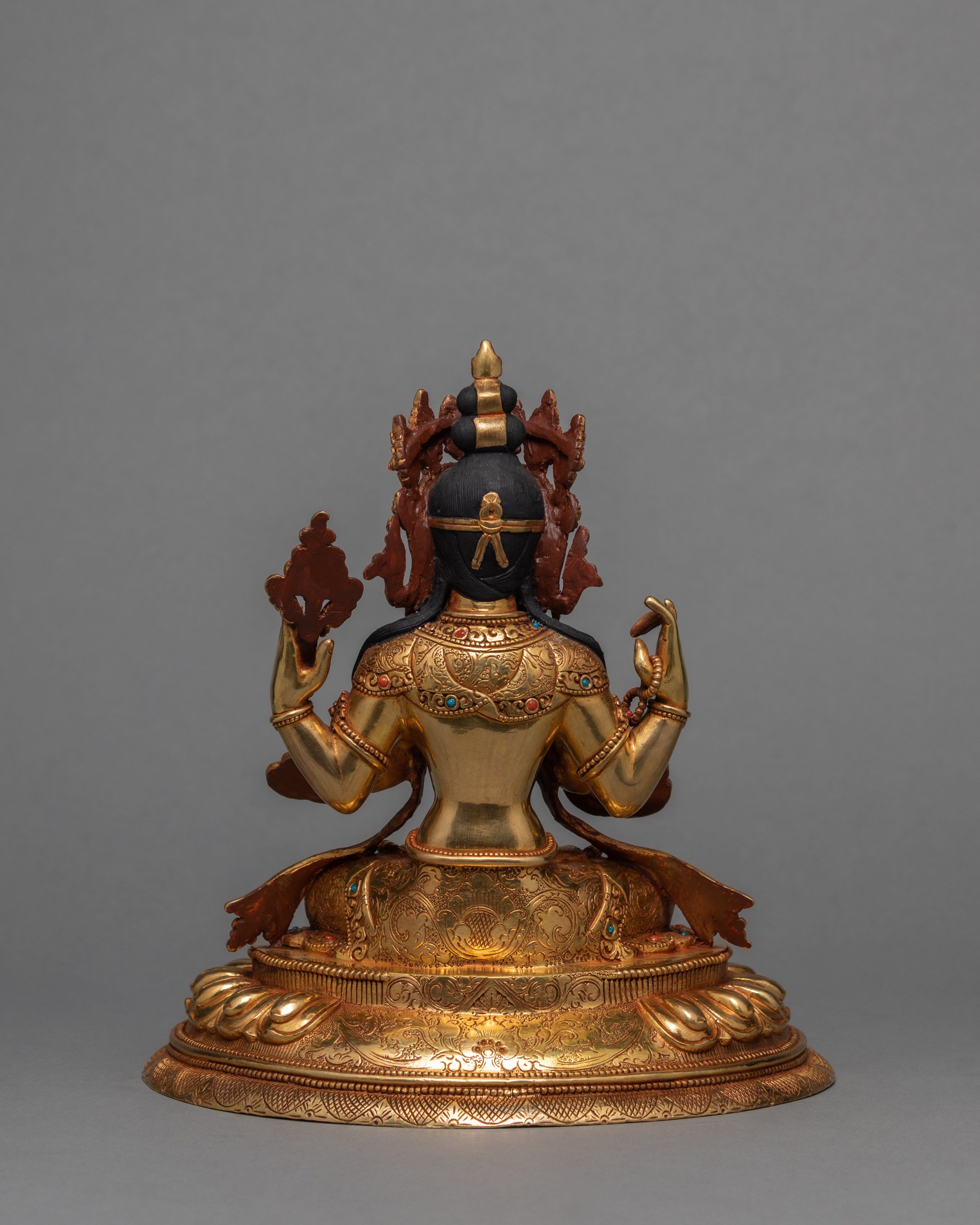 Tibetan Avalokiteshvara Statue | 24K Gold Hand Carved Chenrezig Art