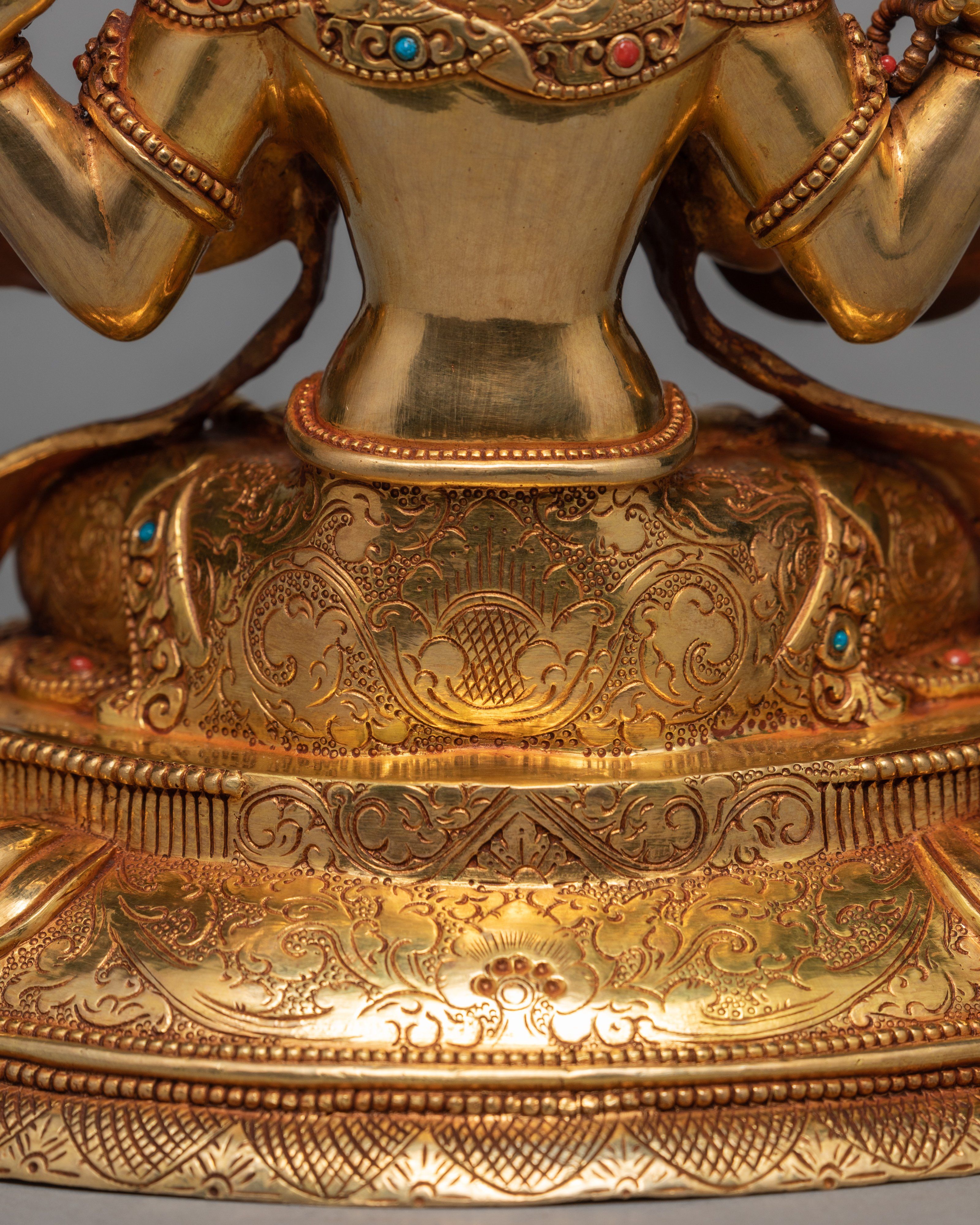 Tibetan Avalokiteshvara Statue | 24K Gold Hand Carved Chenrezig Art