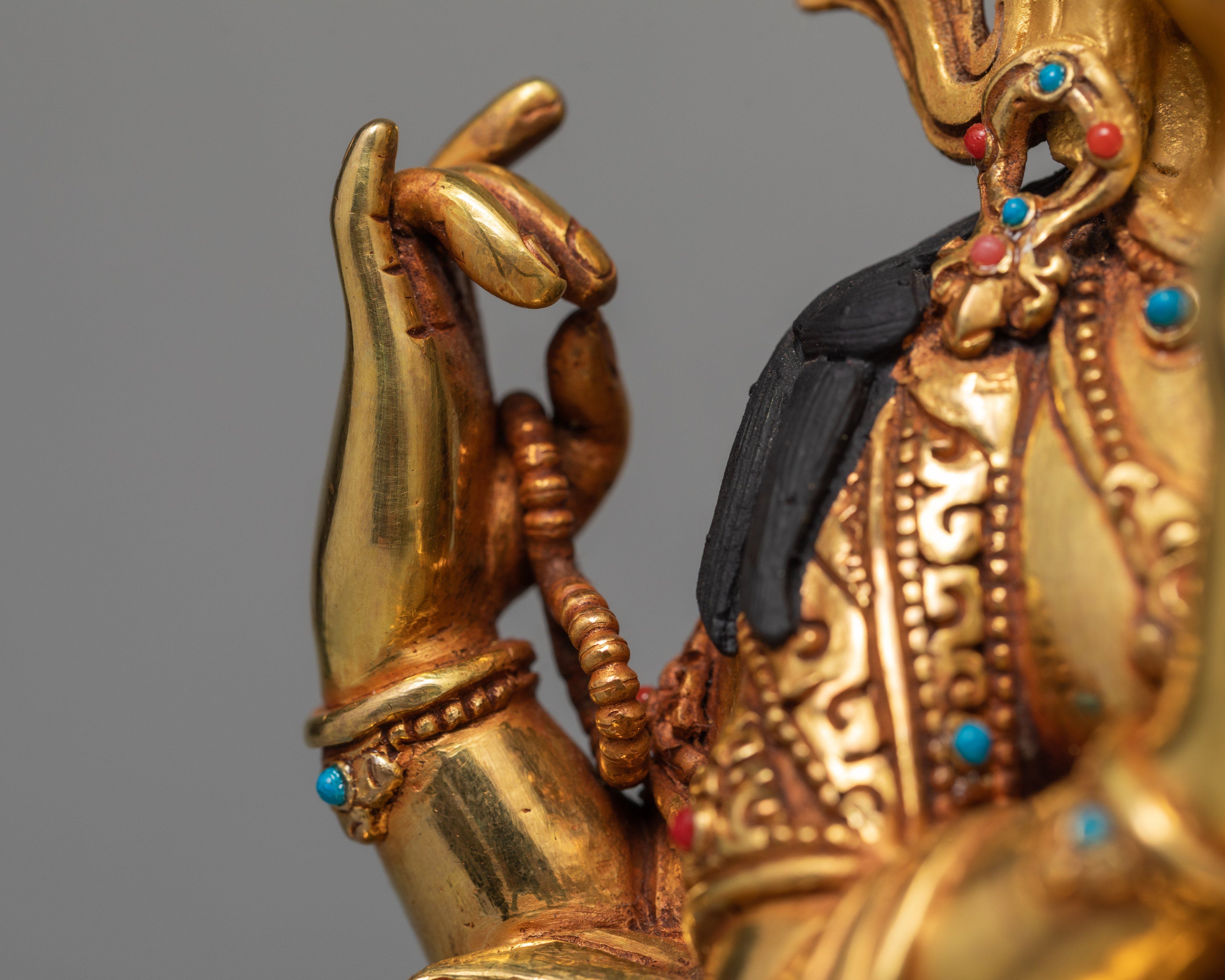 Tibetan Avalokiteshvara Statue | 24K Gold Hand Carved Chenrezig Art