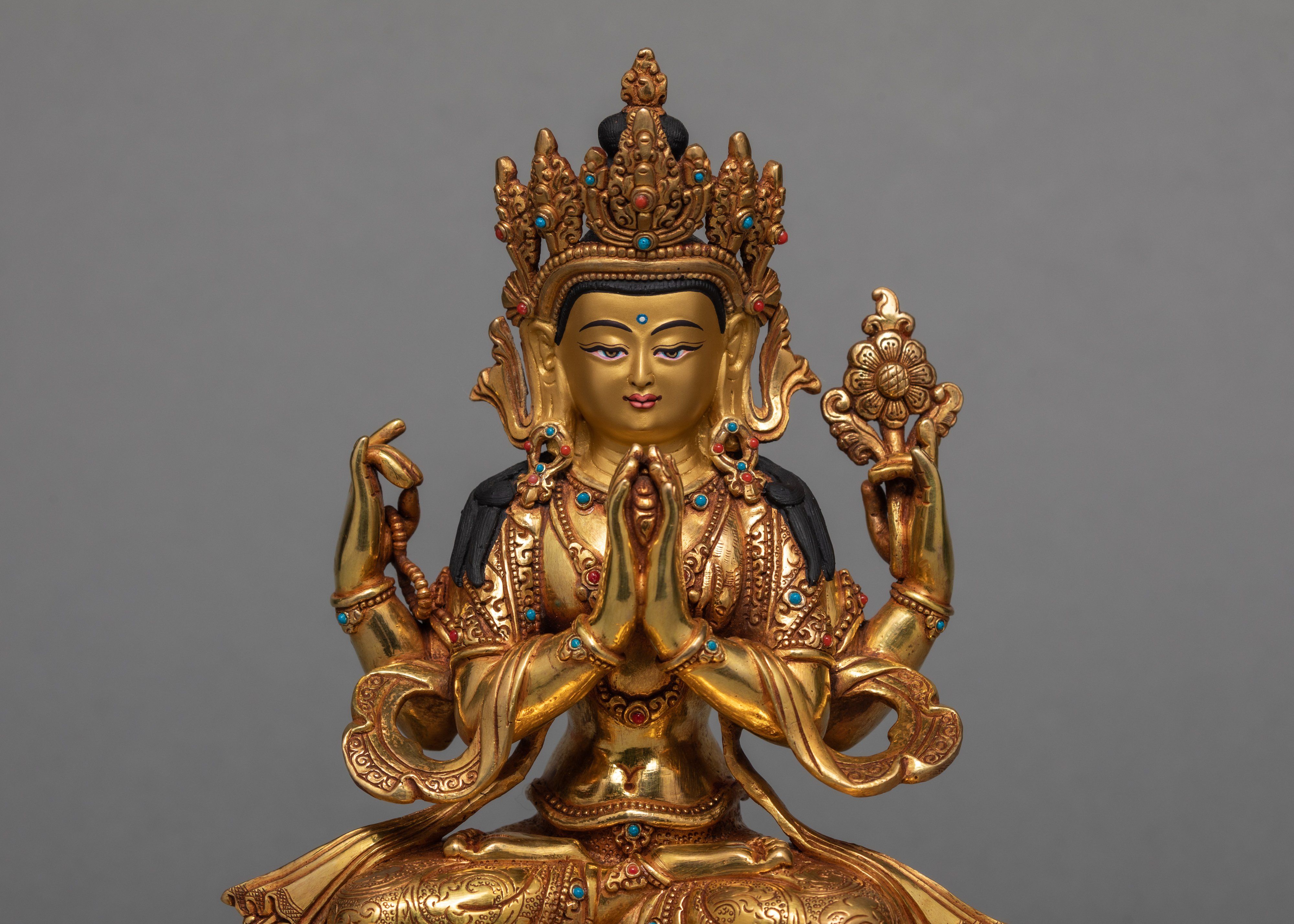 Tibetan Avalokiteshvara Statue | 24K Gold Hand Carved Chenrezig Art