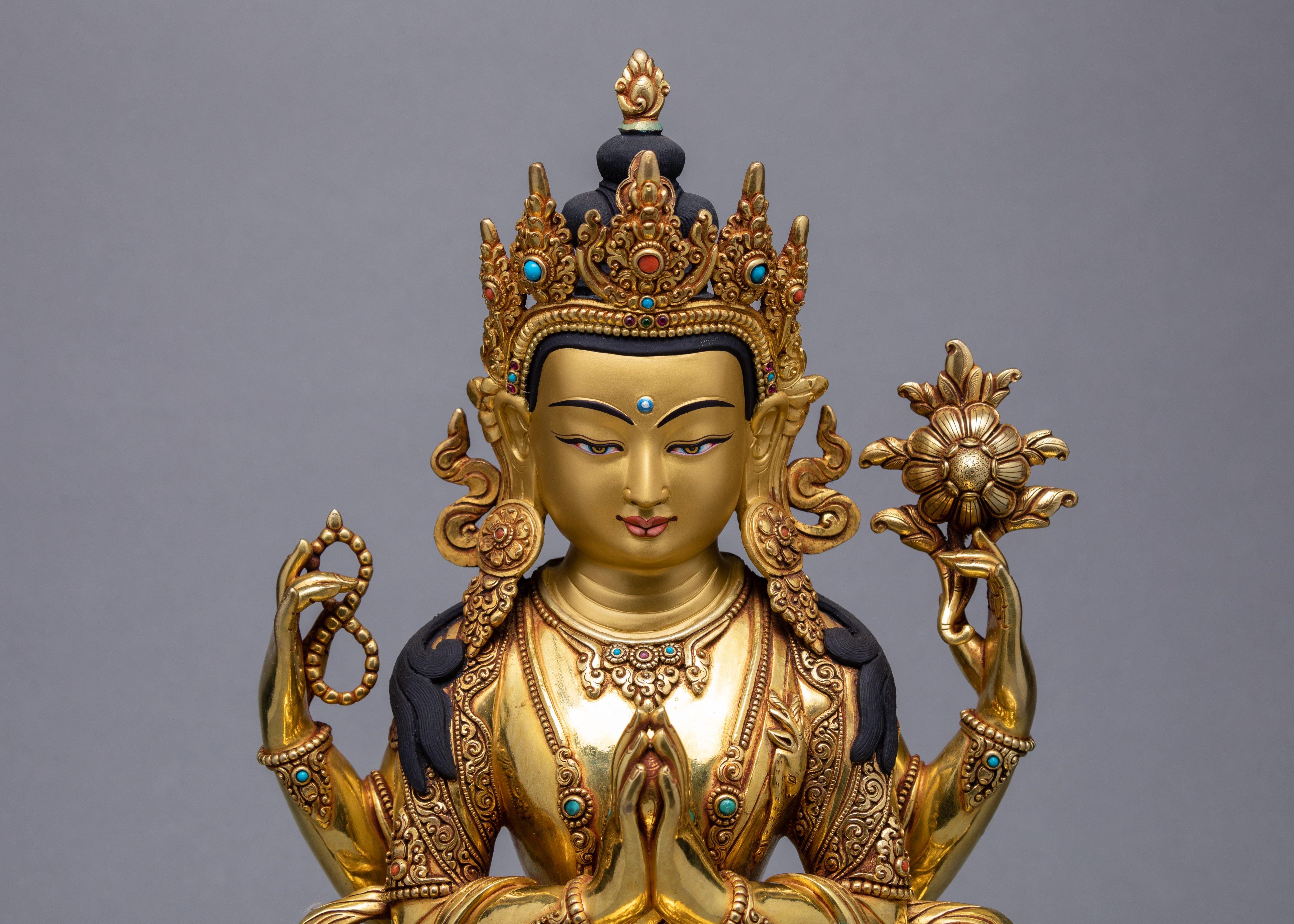 Four Armed Chenrezig | Traditionally Hand Carved Bodhisattva Statue