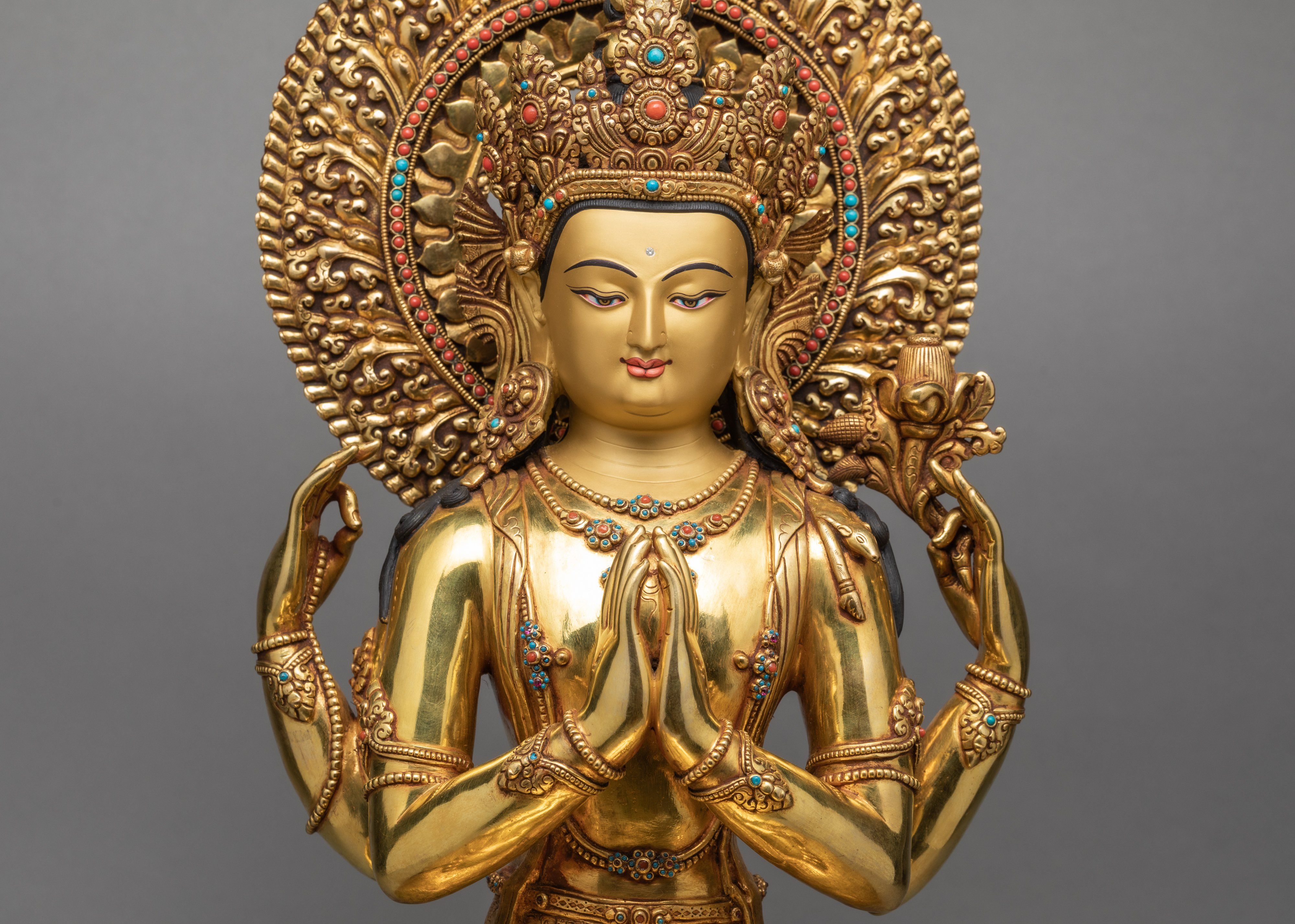 Chenrezig Statue| Bodhisattva Avalokiteshvara Statue| Hand-Carved Gold Gilded Statue