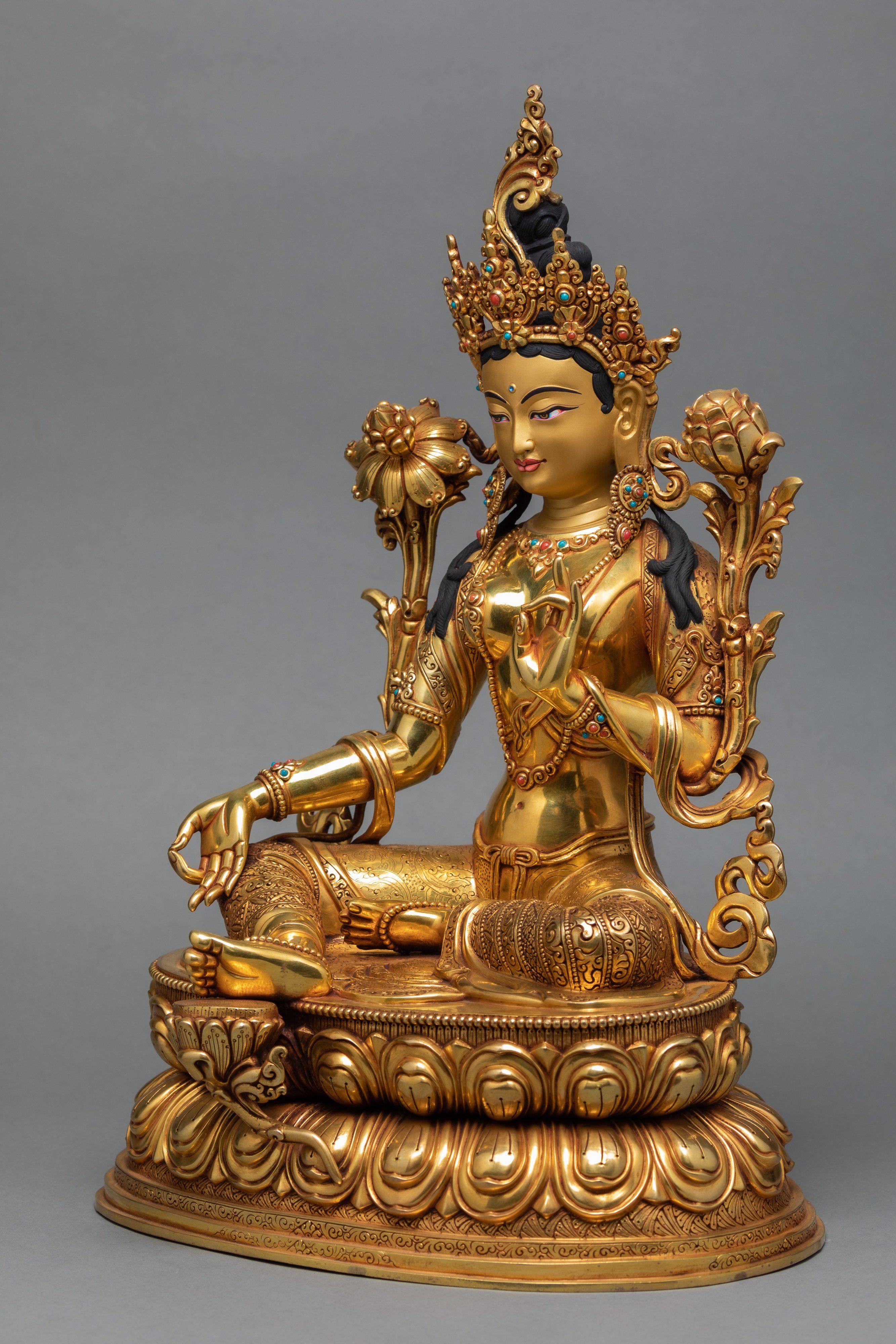 Green Tara Statue, Hand Carved Tara Statue, 24K Gold Gilded Tara