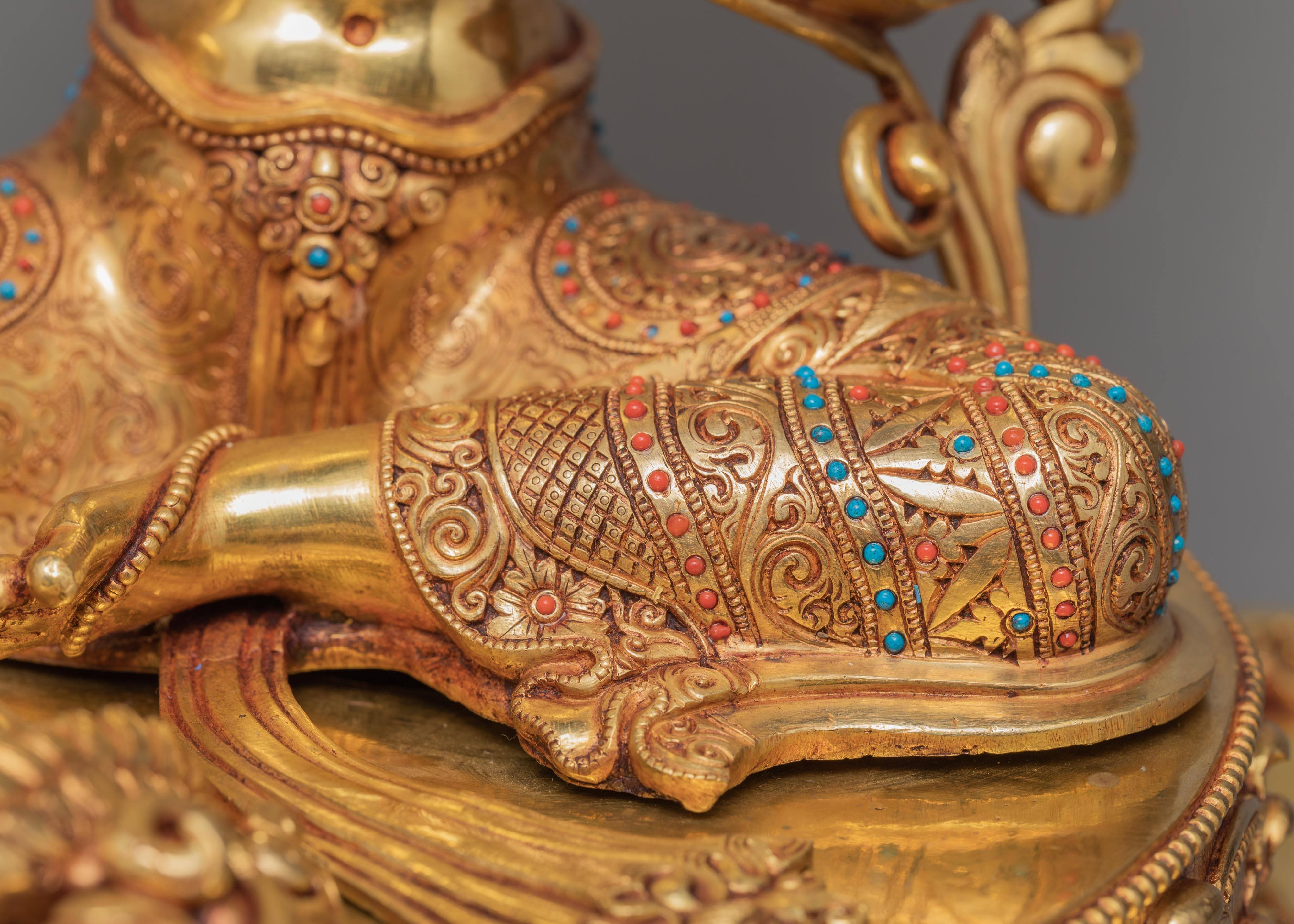 Green Tara Statue | Hand-made 24K Gold Gilded Art | Tara in Throne Statue