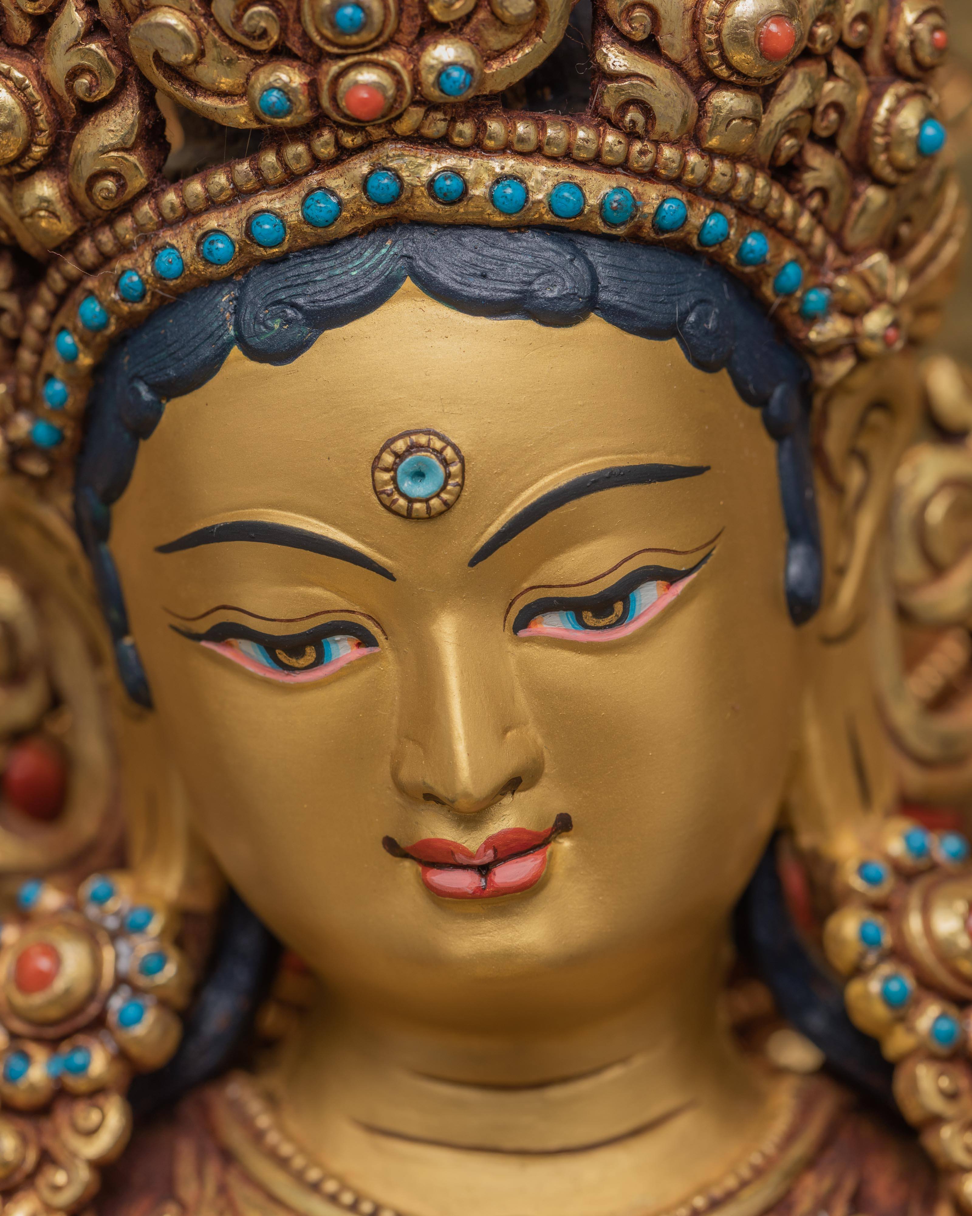 Green Tara Statue | Hand-made 24K Gold Gilded Art | Tara in Throne Statue