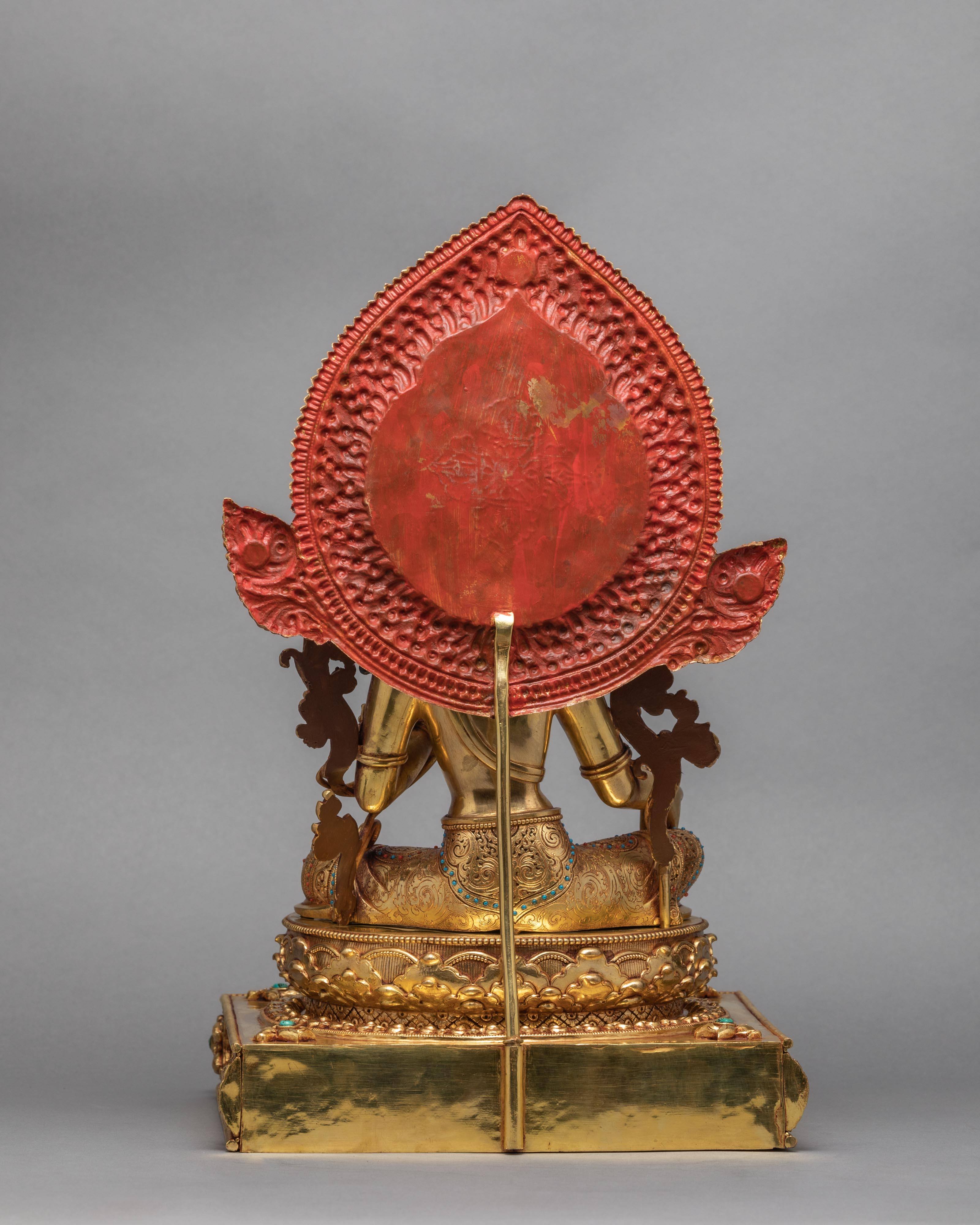 Green Tara Statue | Hand-made 24K Gold Gilded Art | Tara in Throne Statue