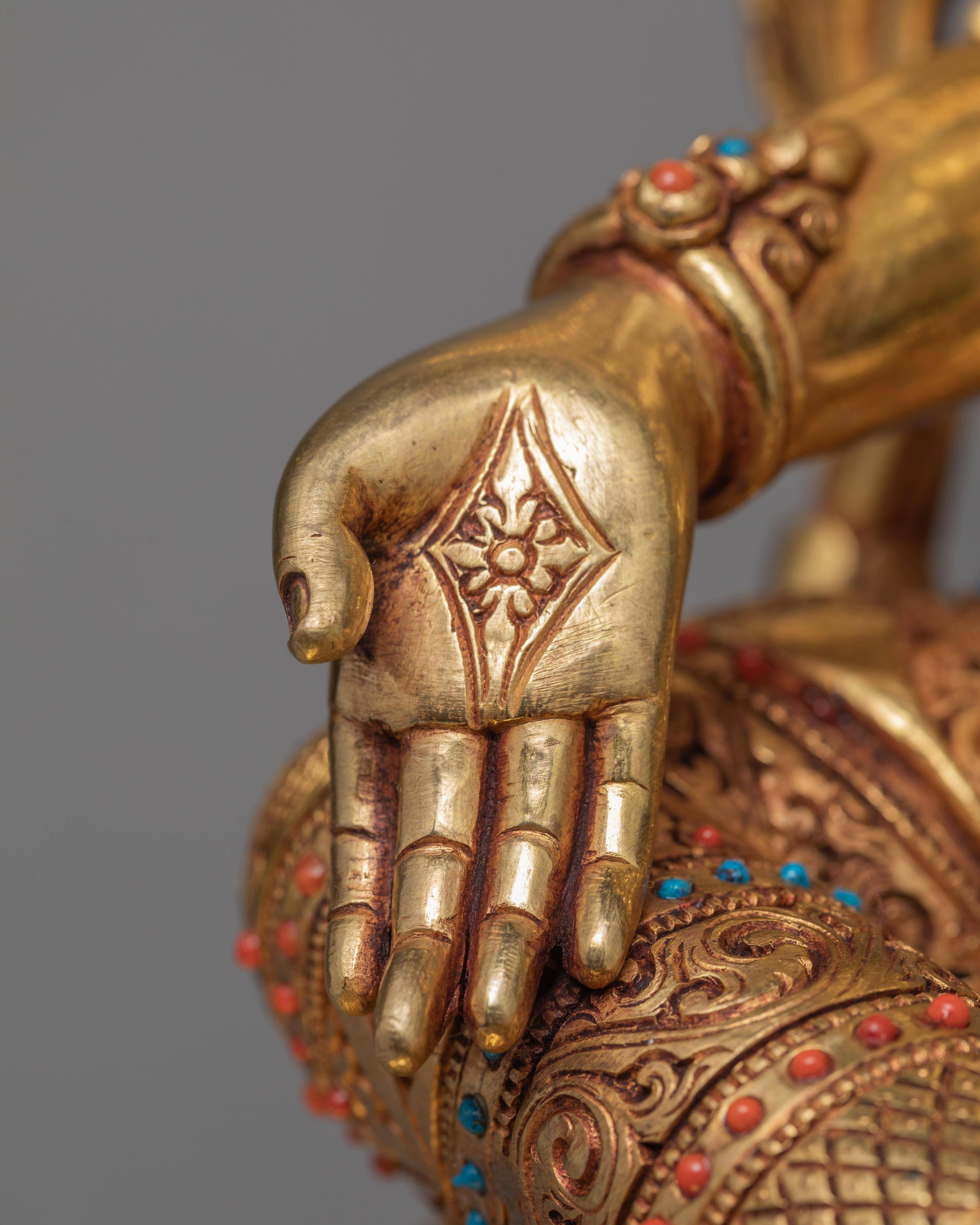 Green Tara Statue | Hand-made 24K Gold Gilded Art | Tara in Throne Statue