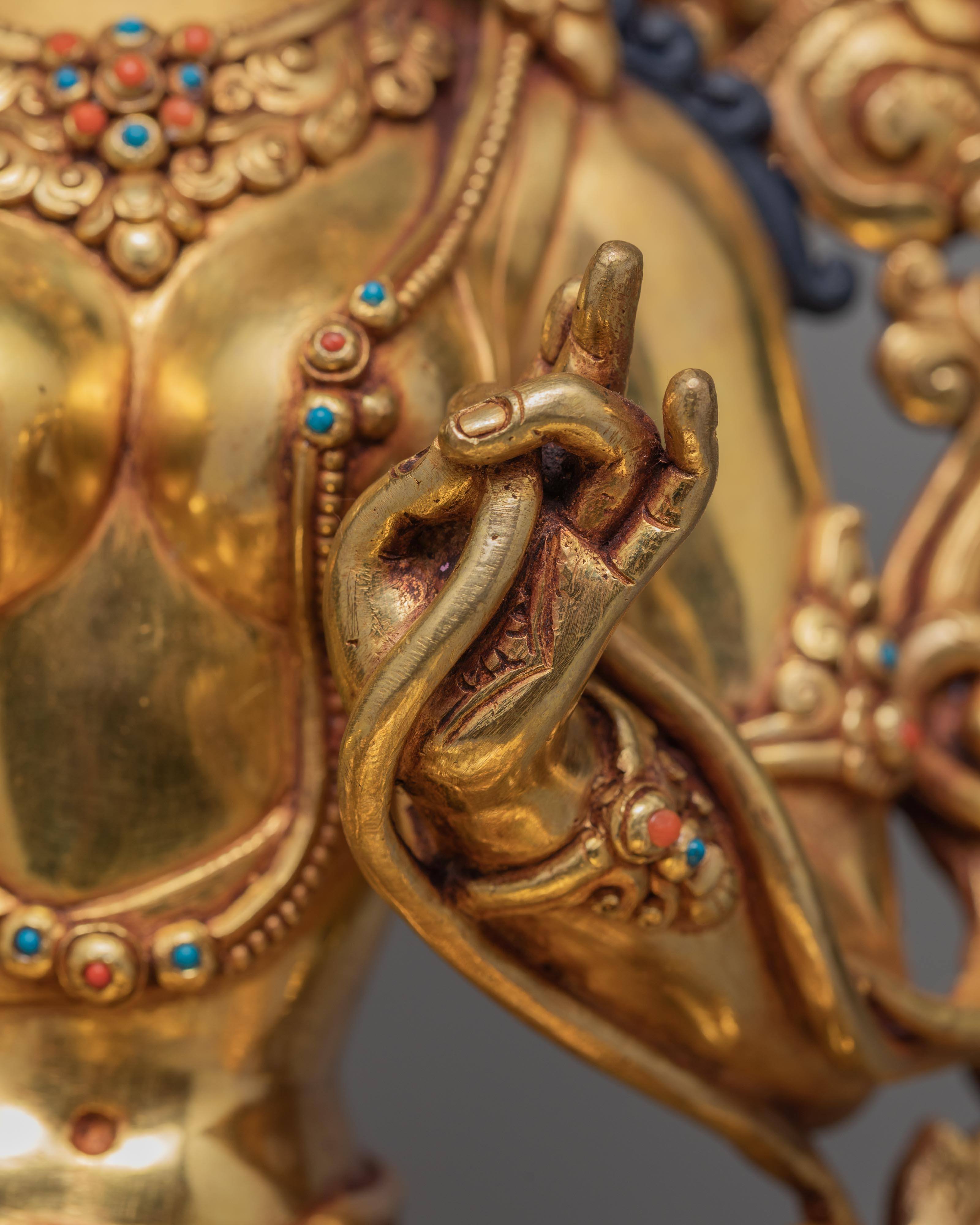 Green Tara Statue | Hand-made 24K Gold Gilded Art | Tara in Throne Statue