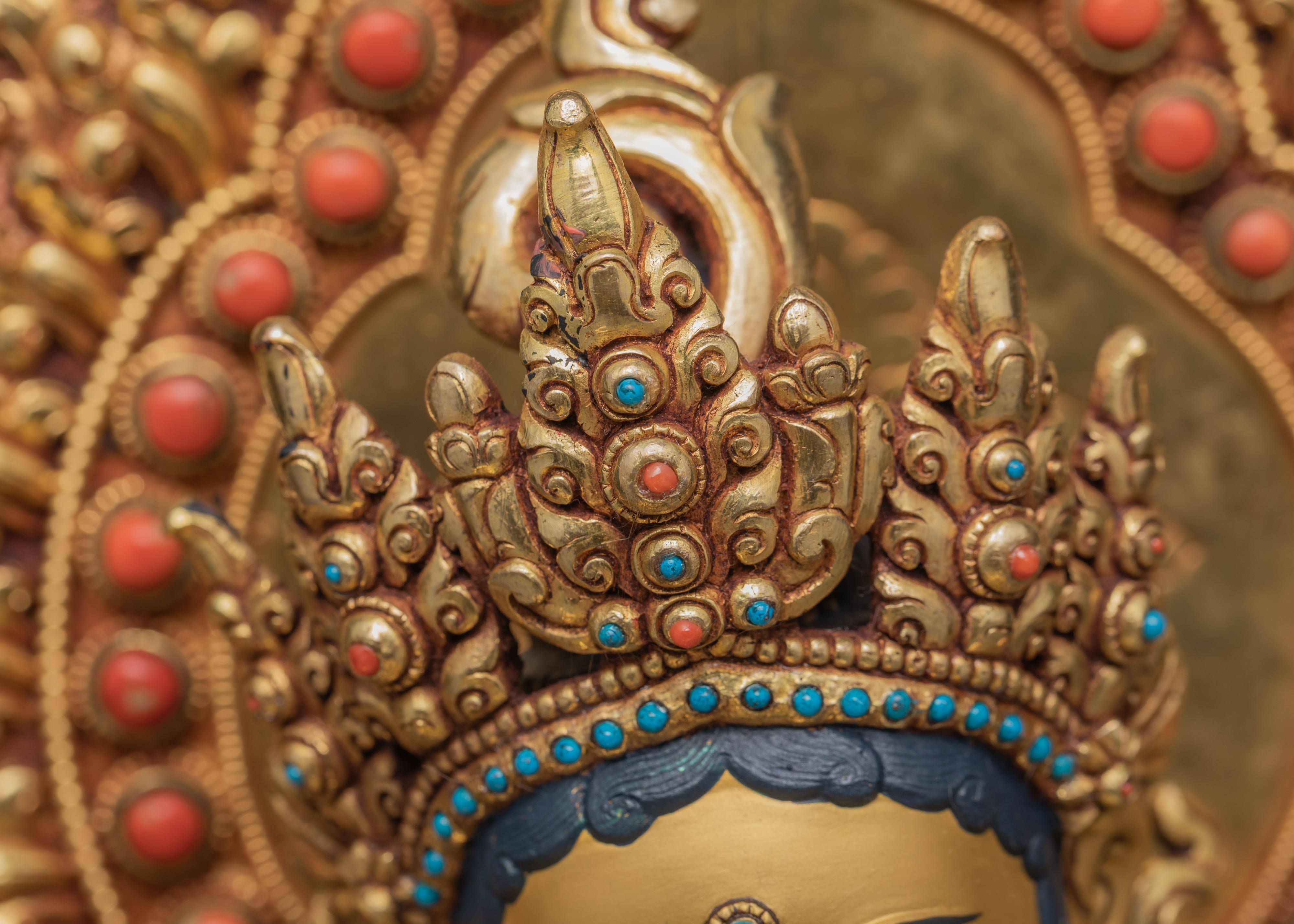 Green Tara Statue | Hand-made 24K Gold Gilded Art | Tara in Throne Statue