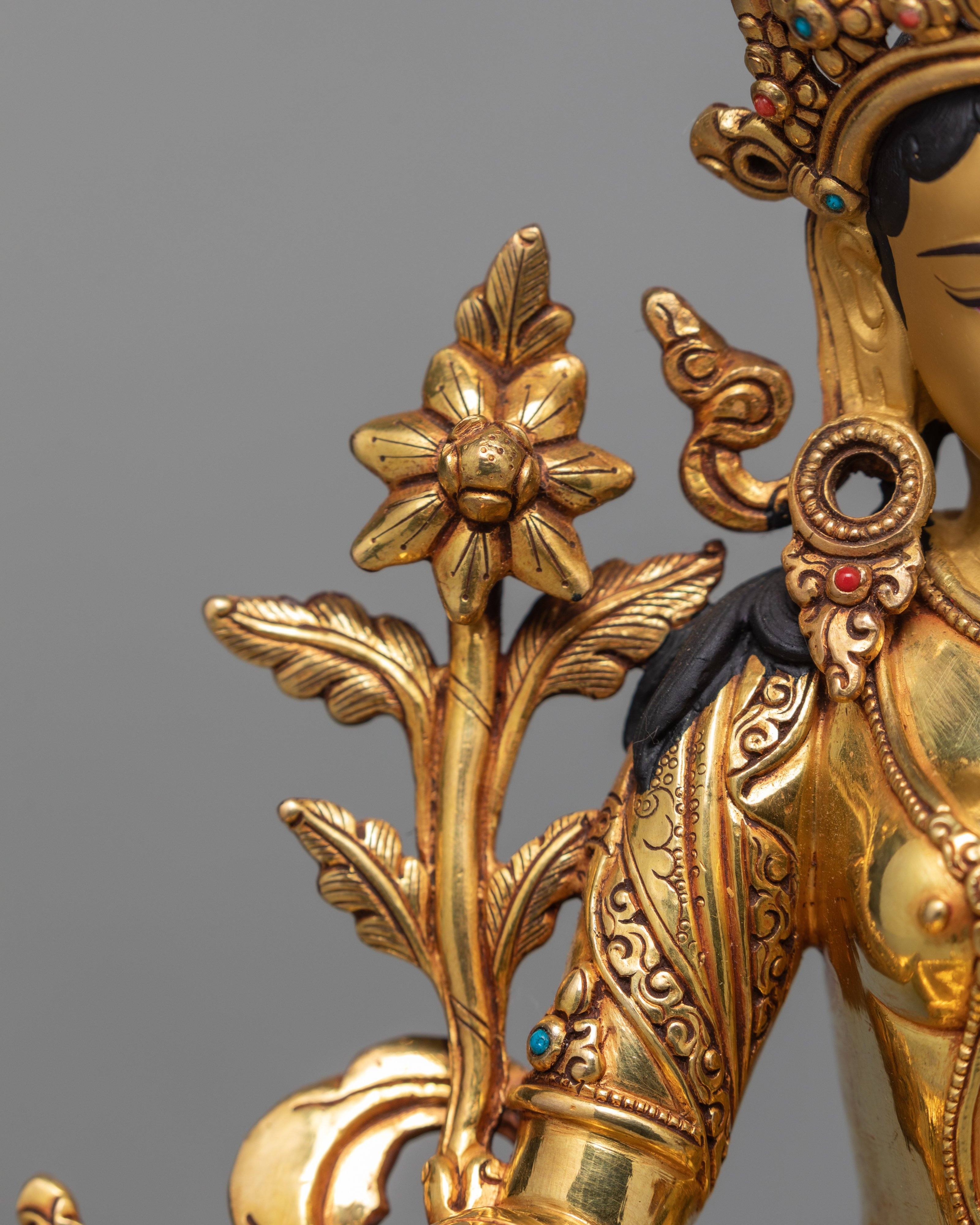 Green Tara Statue, Hand-made Tara and 24K Gold Gilded Statue