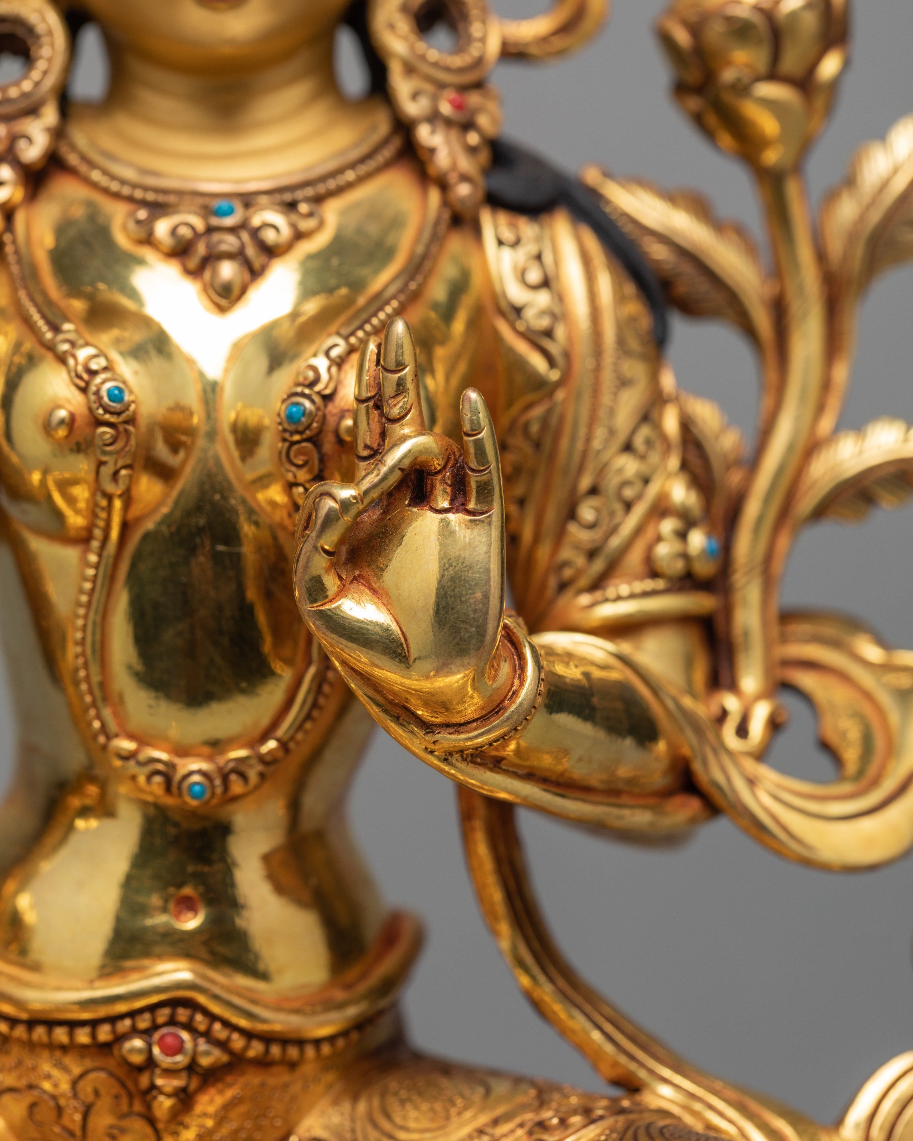 Green Tara Statue, Hand-made Tara and 24K Gold Gilded Statue