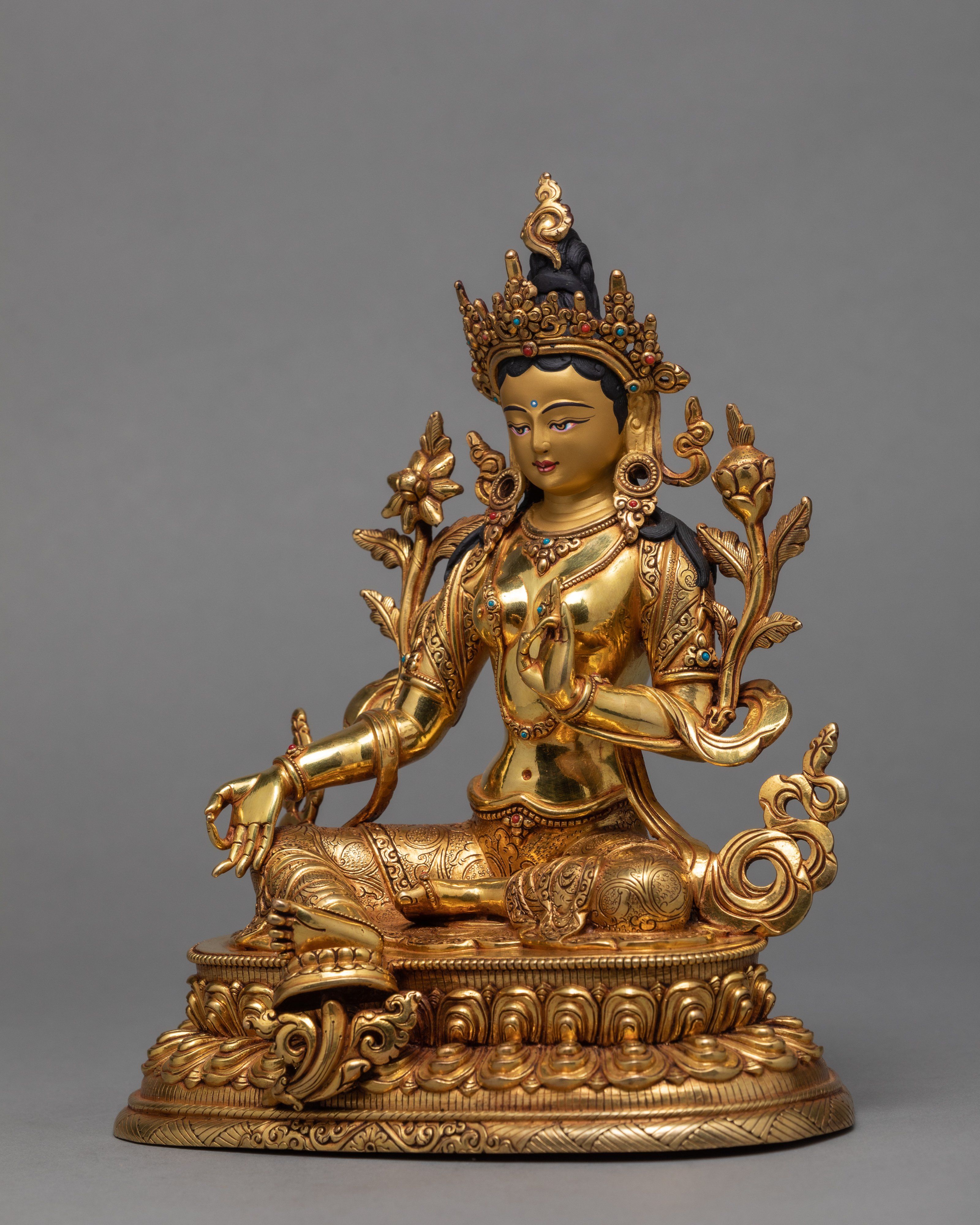 Green Tara Statue, Hand-made Tara and 24K Gold Gilded Statue