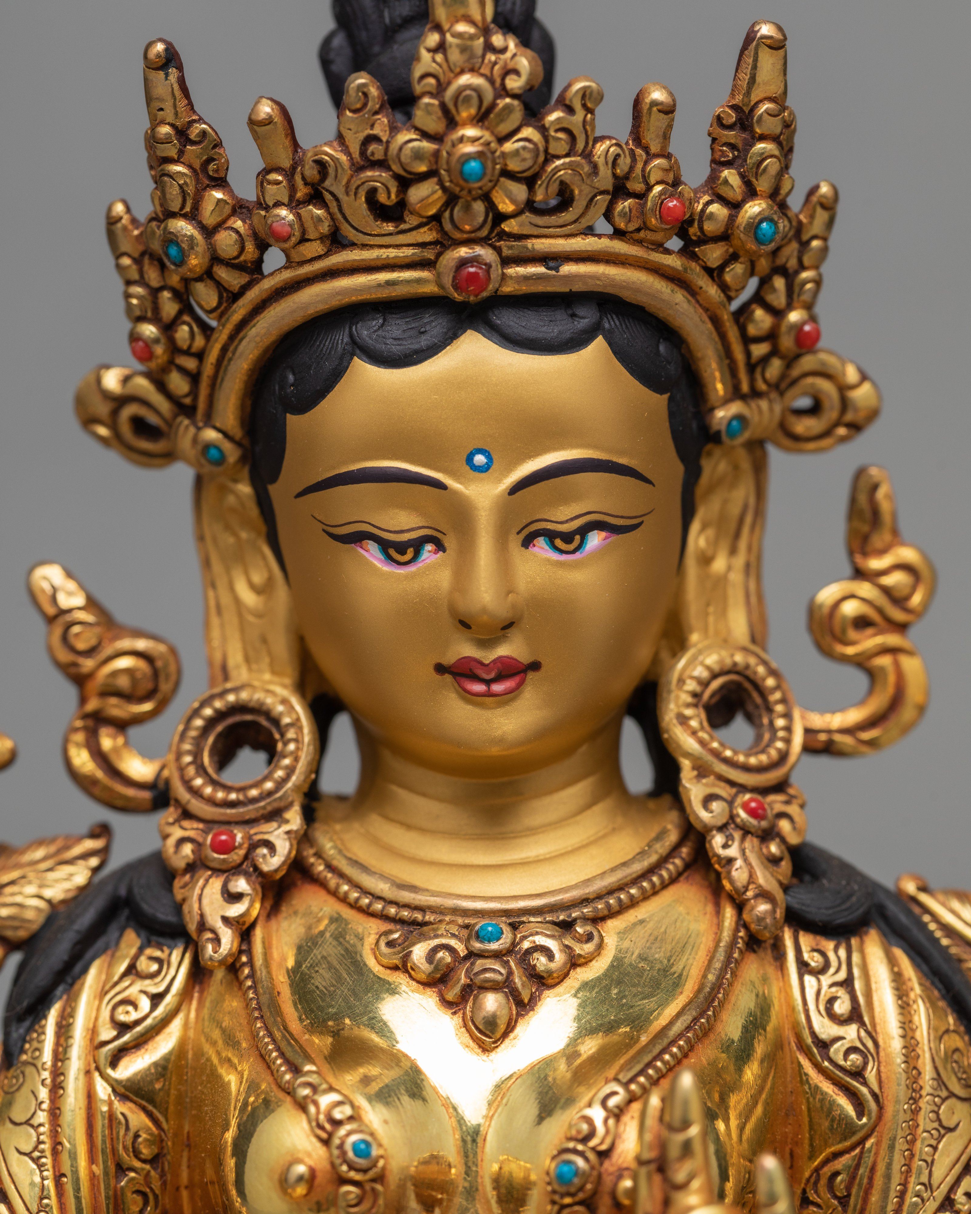 Green Tara Statue, Hand-made Tara and 24K Gold Gilded Statue